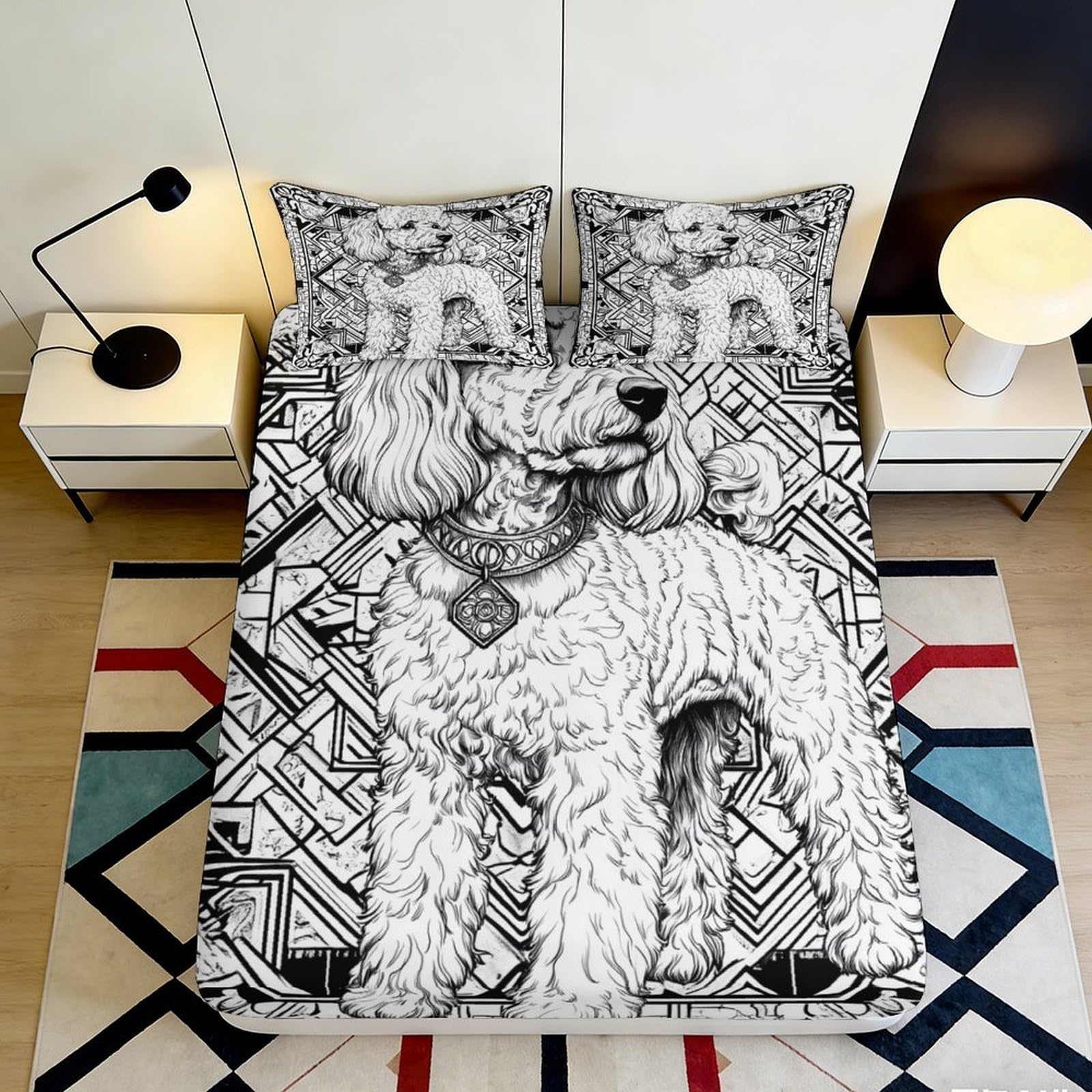 3D Printed Black White Poodle Fitted Sheet Microfiber Soft Artistic Dog Pattern Bed Cover for Bedroom Guest Room Decor 90x200x25cm
