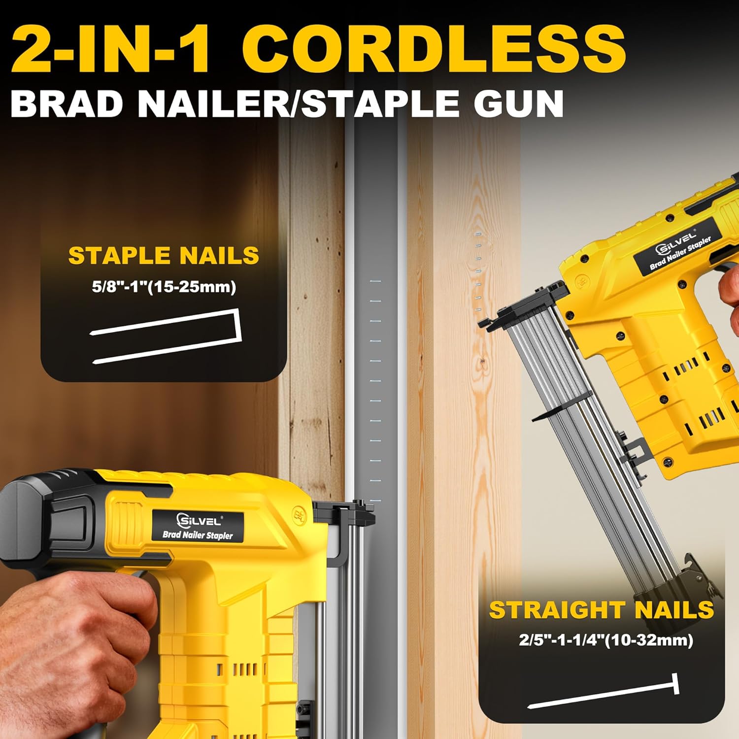 SILVEL 21V Cordless Nail Gun, 2-in-1 Electric Brad Nailer Stapler Gun with 2 * 5.0Ah Battery Powered, 1000pcs Nails, 18GA Staples,for Woodworking, Home Improvement,Carpentry, DIY Project Yellow