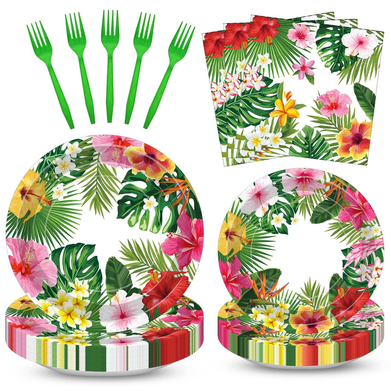 100 Pcs Tropical Luau Party Supplies Set, Serves 25 – Disposable Hibiscus Floral Paper Plates, Napkins, and Forks, Hawaiian Themed Tableware for