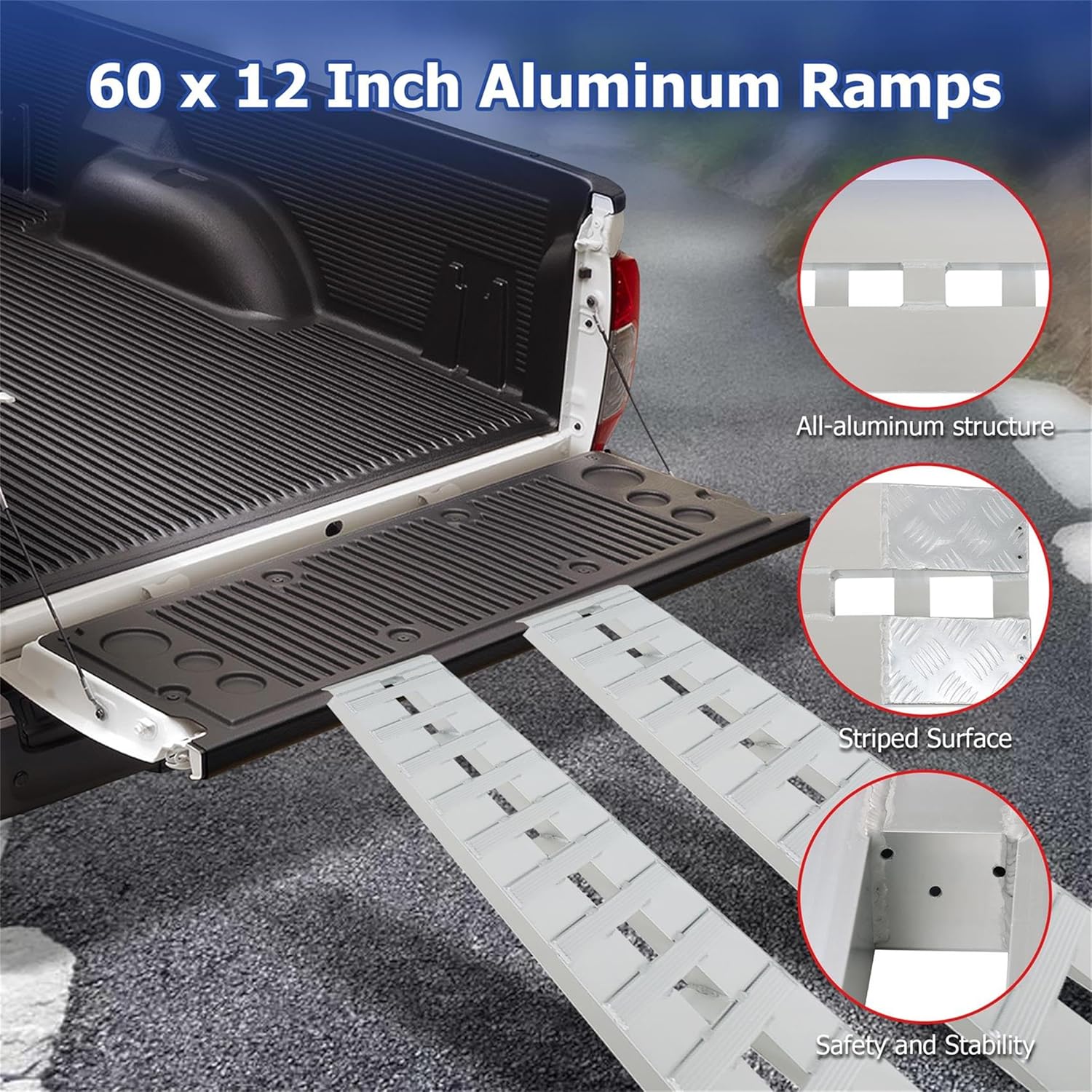2pcs 60 x 12 Aluminum Trailer Ramps with Beavertail Hook End 6000LBS, Loading Ramps Car Auto Hauler