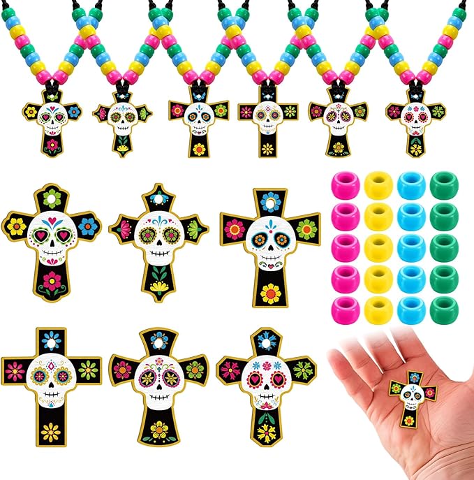 Liliaafar 24 Sets Day of The Dead Cross Necklace Crafts Kit Halloween Sugar Skull Bead Crafts Make Your Own Day of The Dead Cross Sugar Skull Supplies for Halloween Party Favors Gifts