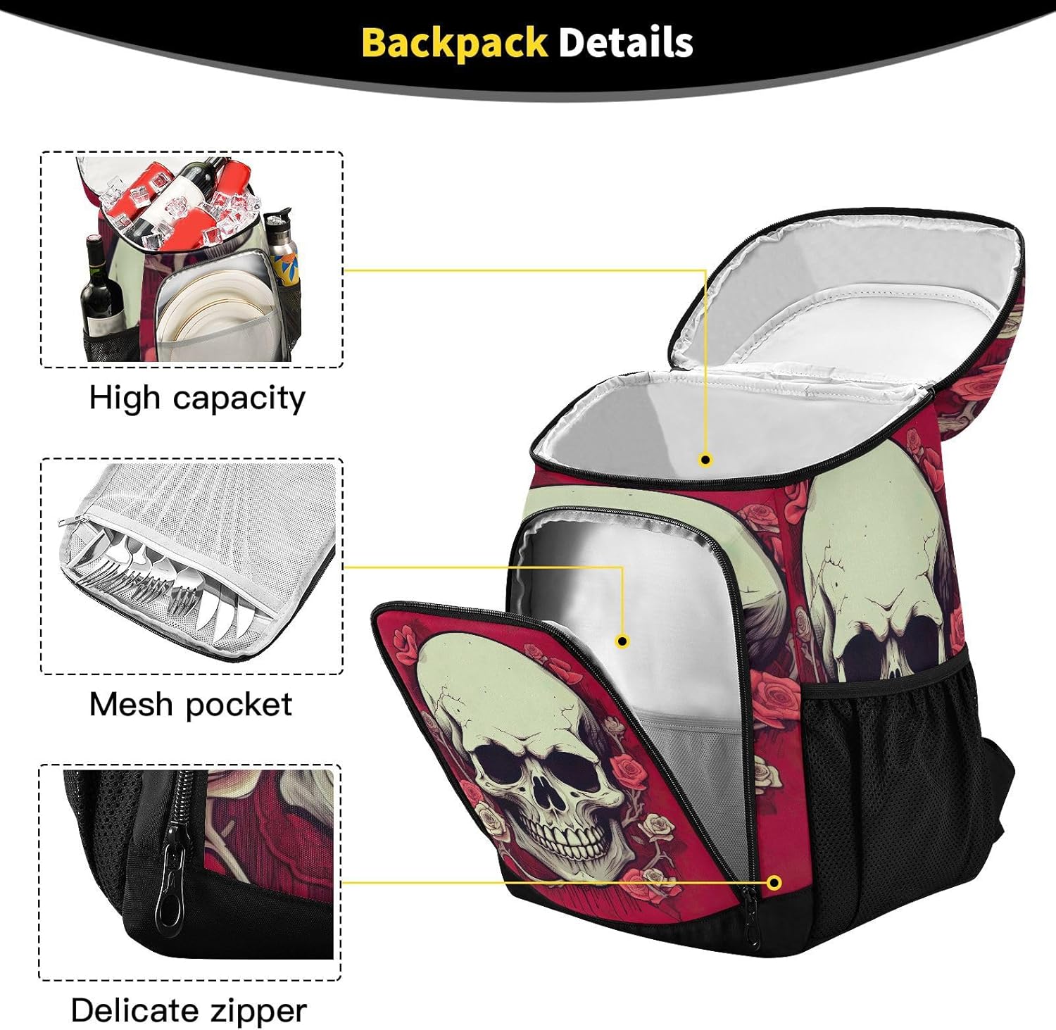 Smiling Skull Cooler Backpack 36 Cans Leakproof Waterproof Backpack Cooler Bag Beach Accessories for Women and Men Travel Camping Fishing Backpack