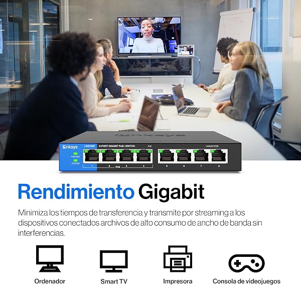 Linksys LGS108P-EU switch de red Gigabit no administrado de 8 puertos con 4 puertos PoE+, hasta 1000 Mbps para empresas y particulares, vigilancia IP, conmutador Ethernet de sobremesa - 3