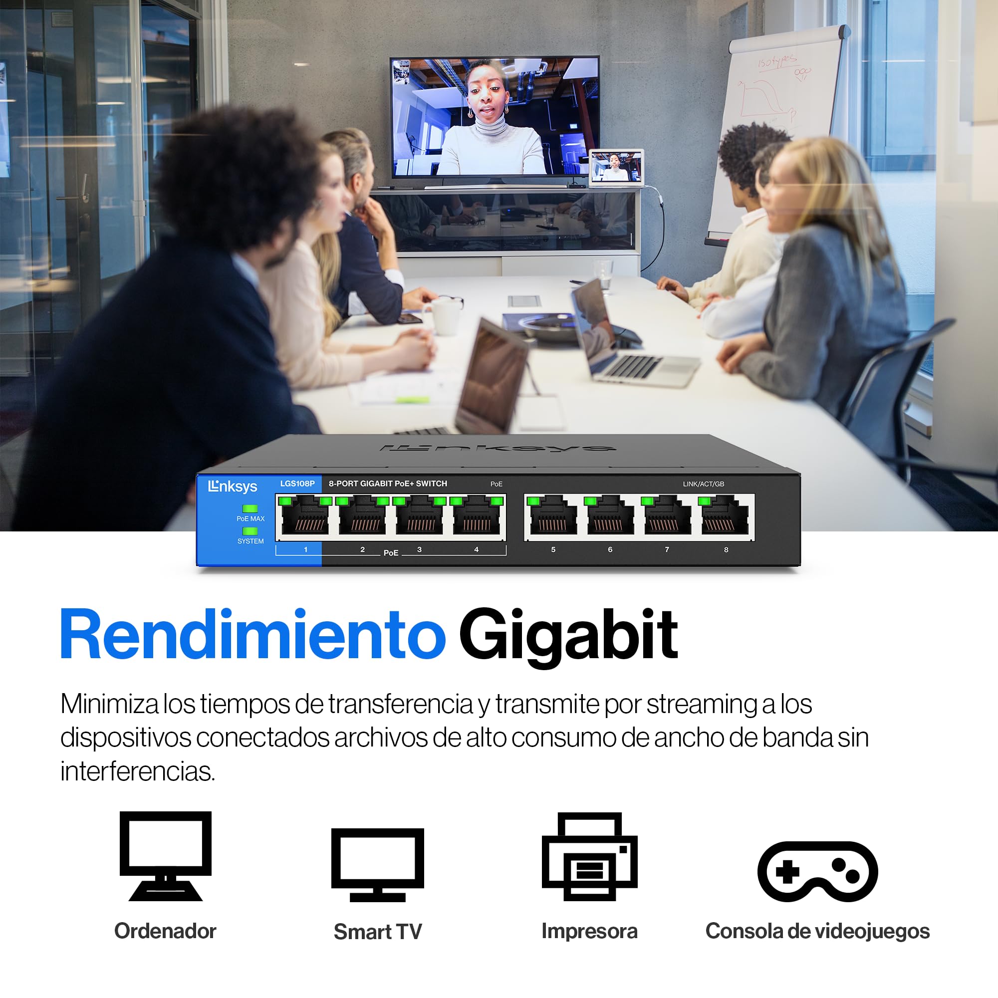Linksys LGS108P-EU switch de red Gigabit no administrado de 8 puertos con 4 puertos PoE+, hasta 1000 Mbps para empresas y particulares, vigilancia IP, conmutador Ethernet de sobremesa — view 3
