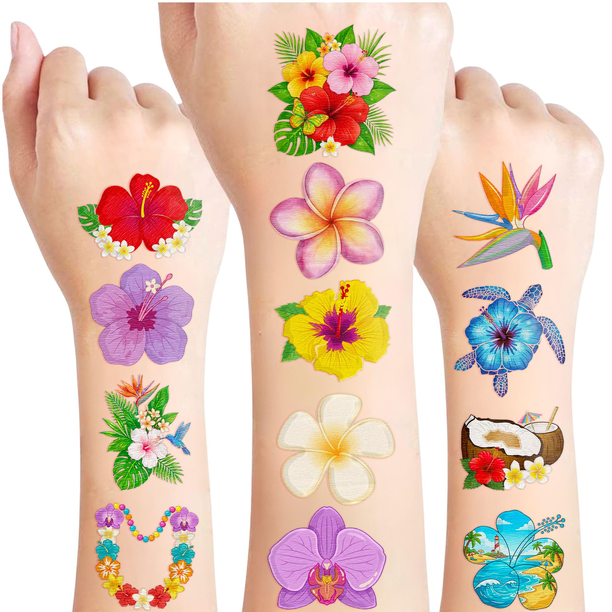 96 PCS Tropical Flowers Temporary Tattoos For Kids, Summer Party Favors