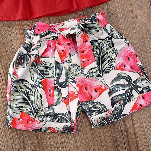 Miniatura 5 de Conjunto de ropa corta de sandía para niña pequeña, top corto con volantes rojos + pantalones cortos con lazo