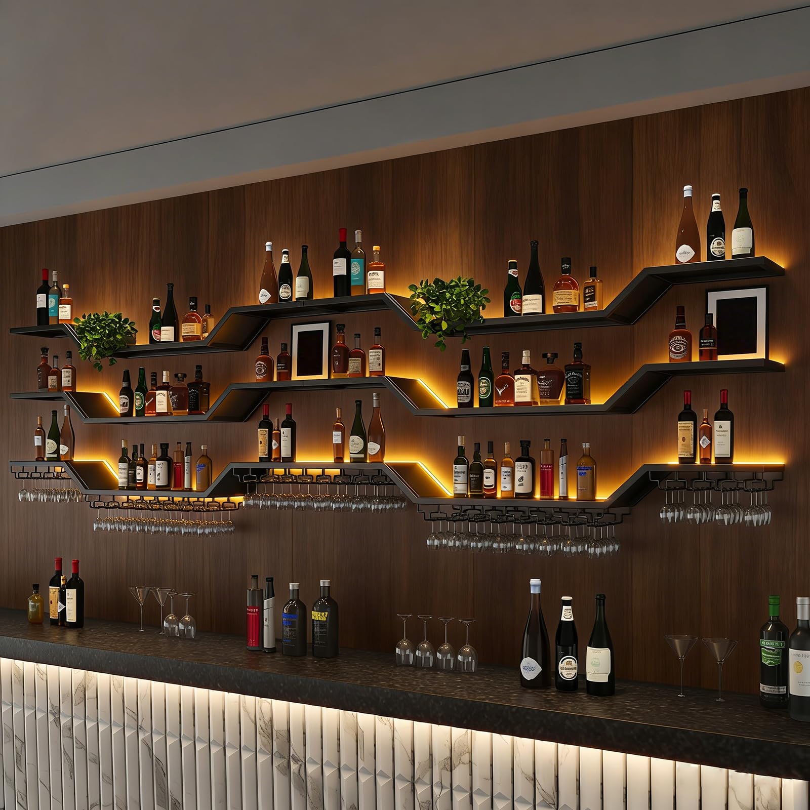 Industrial Metal Vino para con Portavasos, Grande Botellero de Pared de Metal con luz LED, 3 Niveles Flotante para Vino exhibición, de hogar Restaurante Bares (Negro, 200cm)