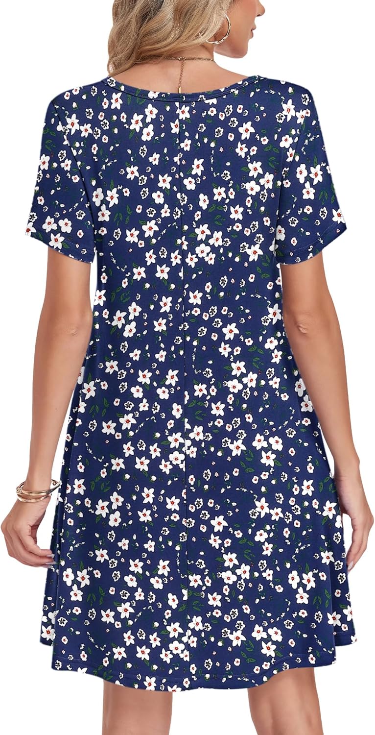 AUSELILY Tshirt Dress Women Swing Floral Short Sleeve V Neck Vacation Beach Mini Dress with Pockets - Image 3