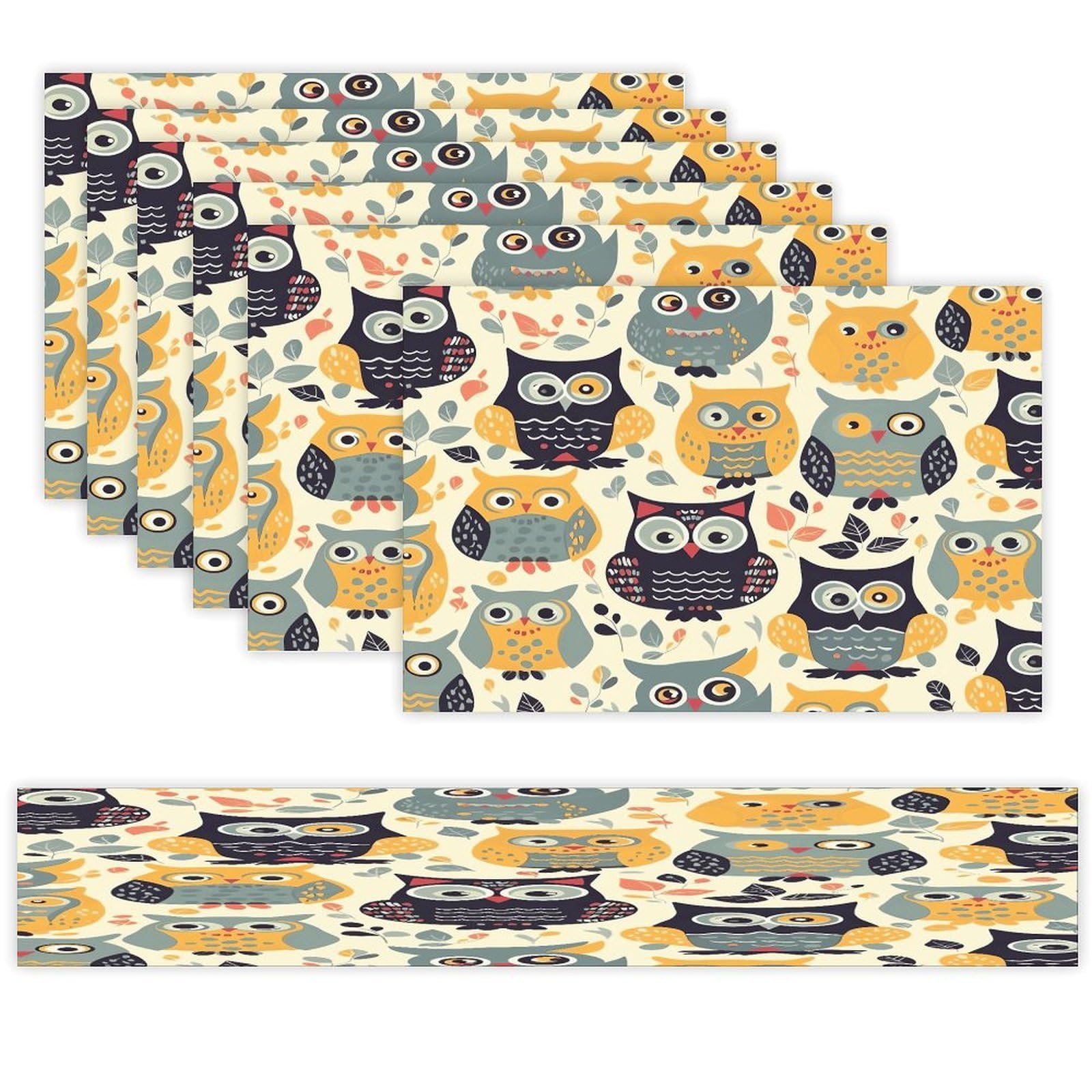 Animal Cartoon Owls Cute Table Runner and Placemats Set of 6 Wipe Clean Heat Resistant Table Mat with Table Runner Decorations Flax Linen Place Mat Set for Home Kitchen Party Supplies