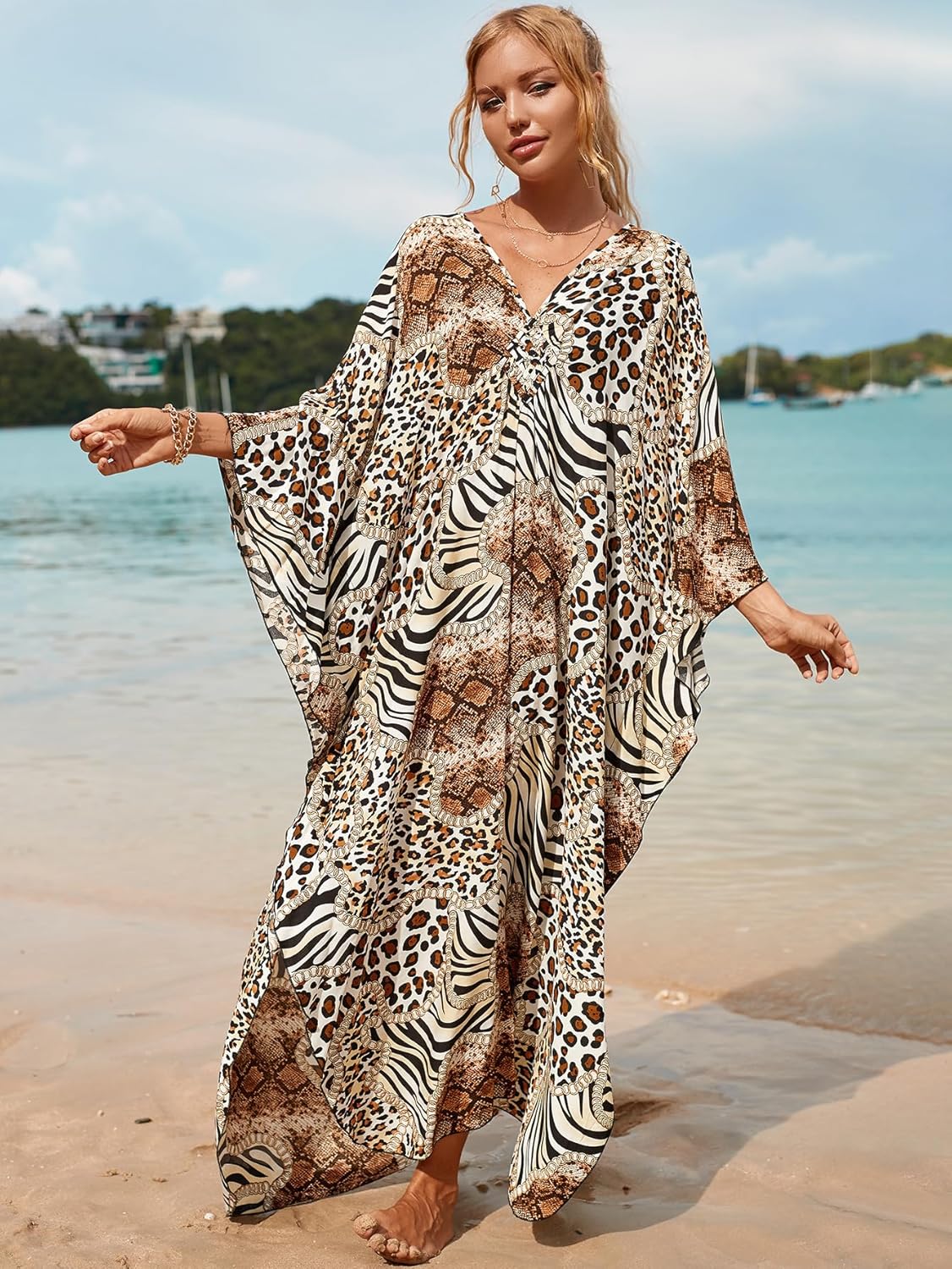 Women's Plus Size Animal Print V-Neck Batwing Kaftan Beach Dress Bathing Suit Cover-Up Loungewear - Image 2