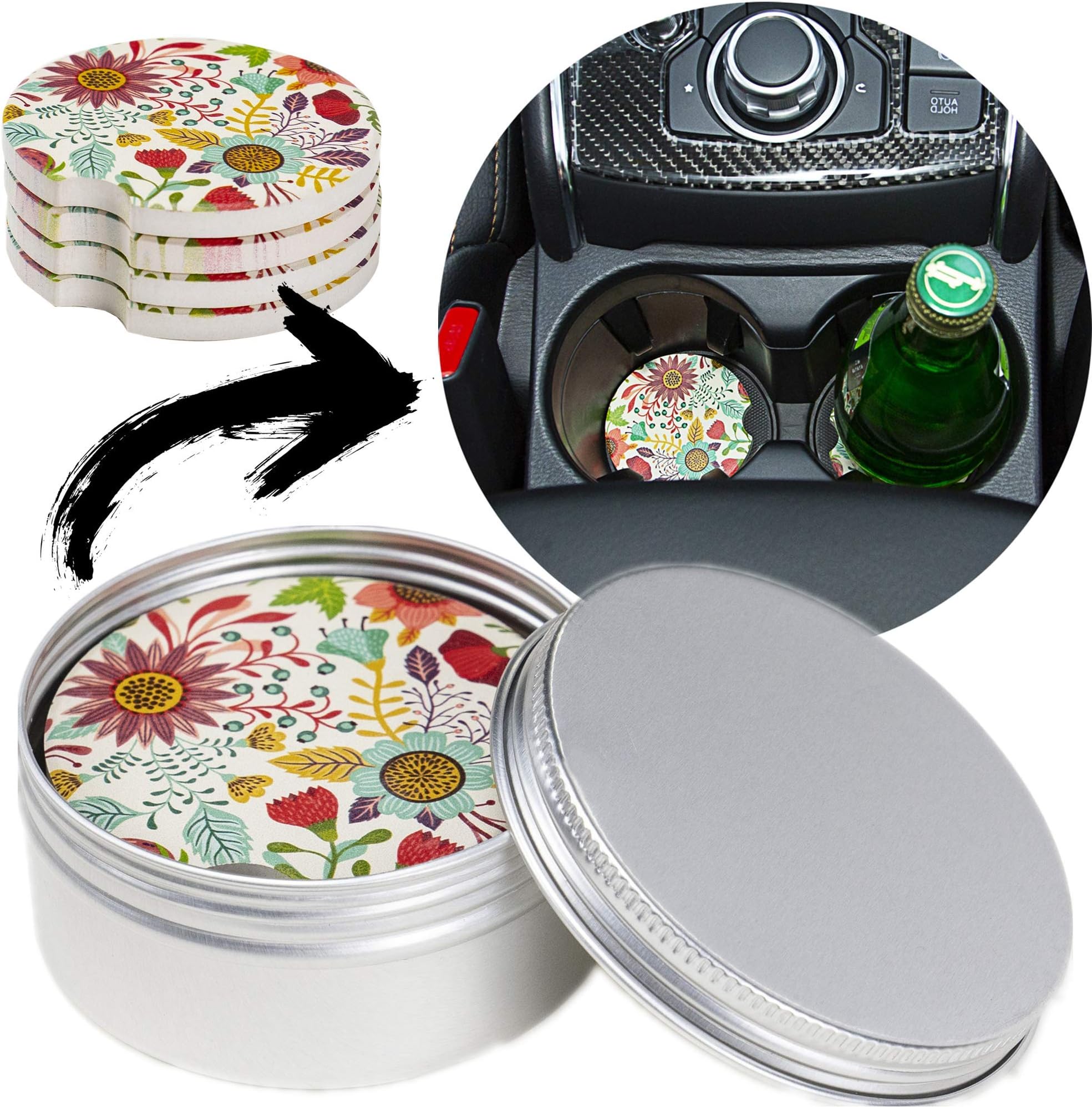 Car Cup Holder Coasters Set of 4 Pack In Gift Box, Absorbent Stone with Finger Notch for Easy Fetch of Coaster, Pretty & Keep The Auto Vehicle Cupholder Bottom Free of Icy Drink Drips, Stain and Spill