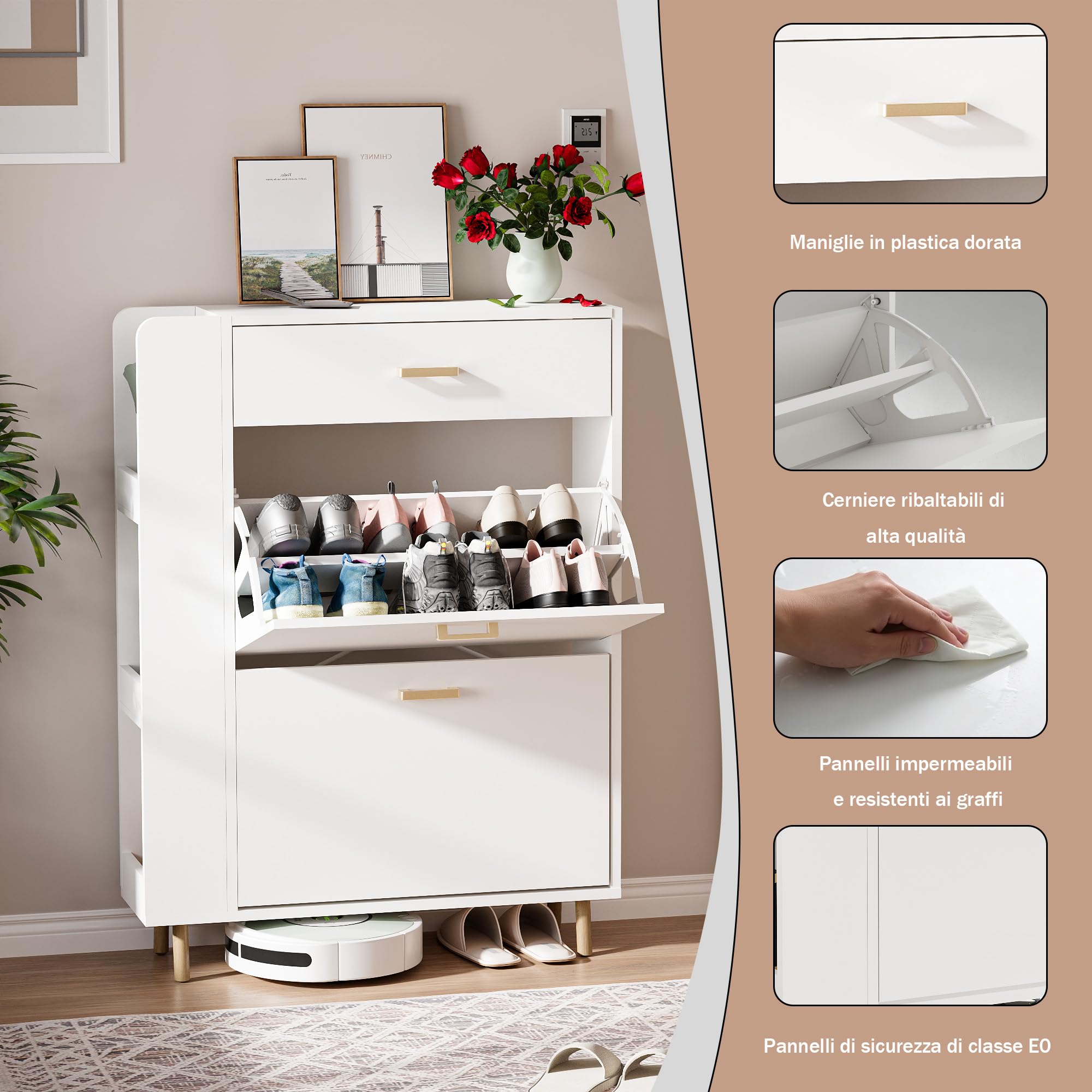 Scarpiera Salvaspazio Slim con 1 cassetto e 3 scomparti Scarpiera a 2 ante con 4 gambe in legno massello Può contenere 12-16 paia di scarpe 80x24x110cm Bianca (EUR≤45)