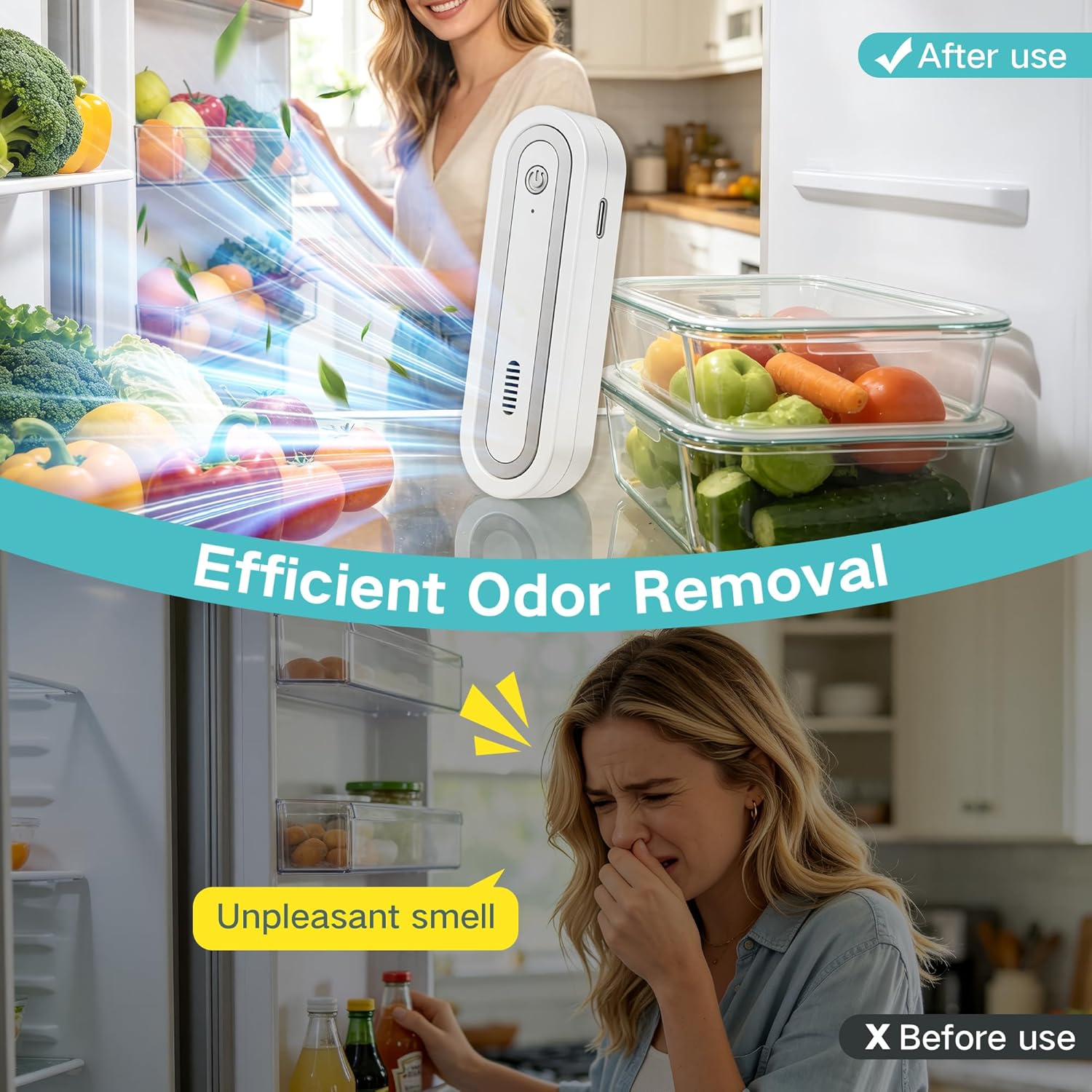 Fridge Deodorizer, Rechargeable with Dual Modes & Compact Design for Refrigerator, Car, Shoe Cabinet to Eliminate Odors and Keep Air Fresh (Silver)