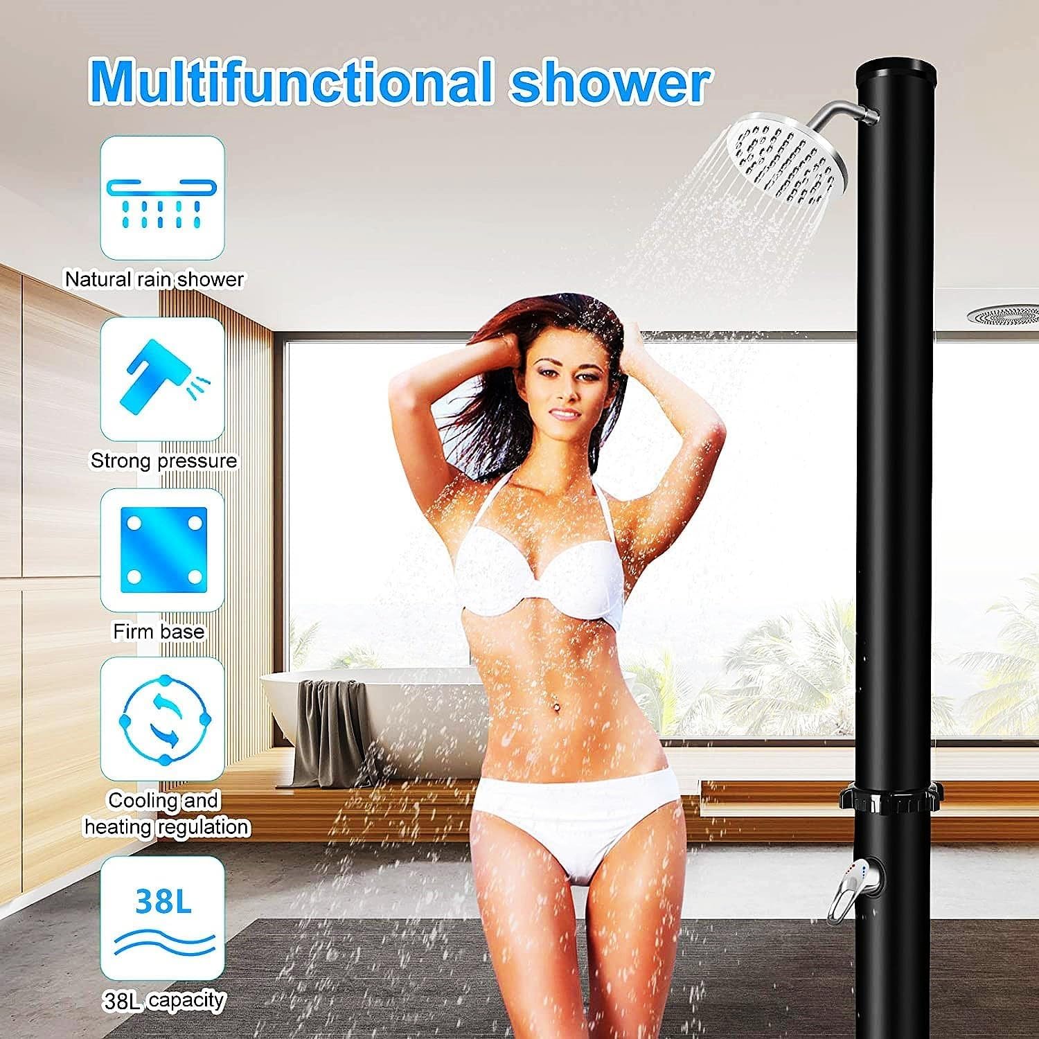 YAOJIA duchas Piscinas Exterior Ducha Solar For Exteriores, Gran Capacidad De Agua De 38 L/10 Galones con Cabezal De Ducha Y Grifo For Ducha De Pies, con Mezclador For Agua Fría Y Caliente, Negro