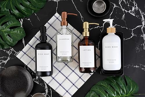 Miniatura 6 de Emerson Essentials Dispensadores de botellas de jabón de vidrio, paquete de 2, bombas de acero inoxidable inoxidables, juego de mano para lavabo de