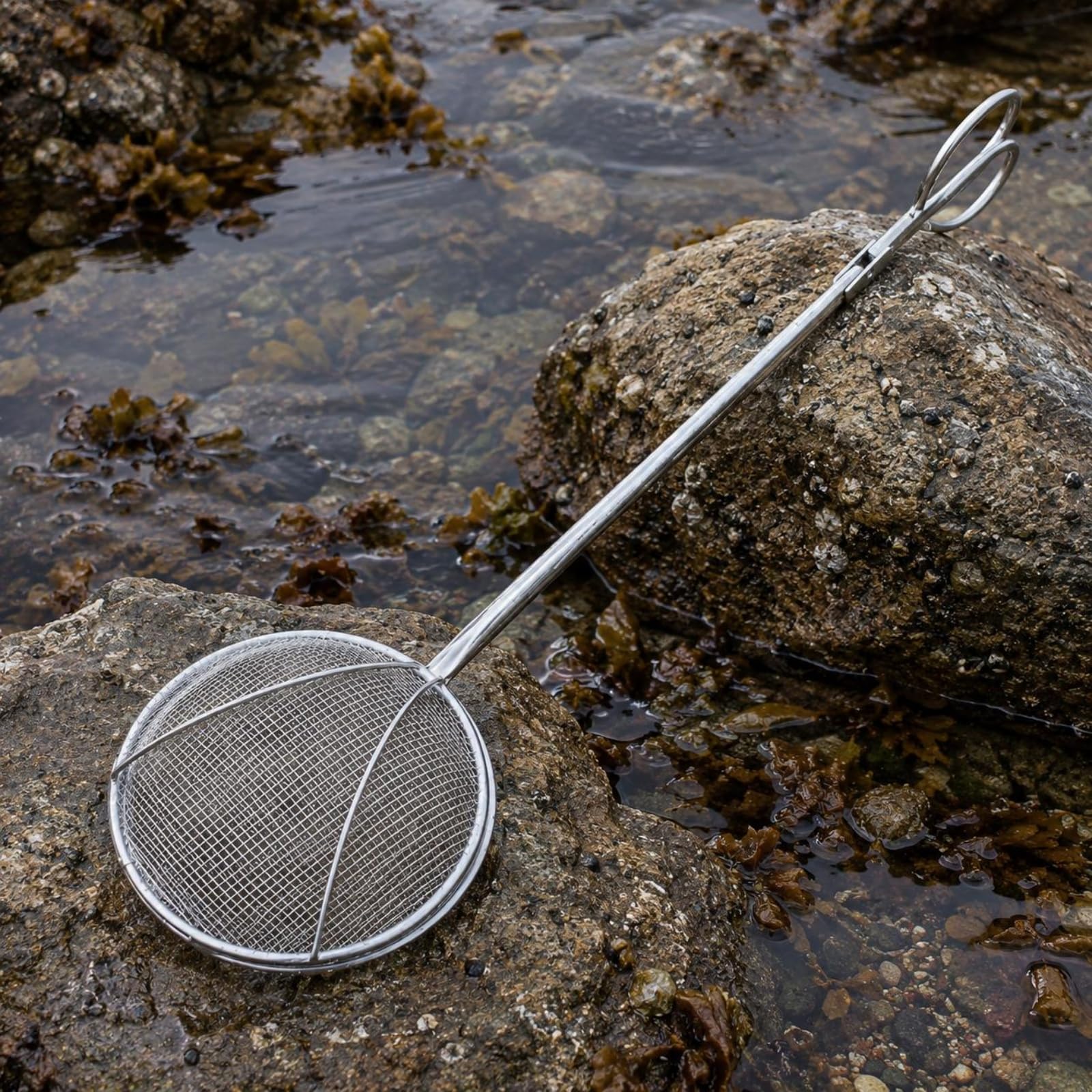 predolo Épuisette de Pêche Extérieure Épuisette Filet Métallique Panier Circulaire Maille Fine INOX Manche Long Prise Confortable Crevettes Poissons Adaptée aux Ports Lacs, 60 Cm
