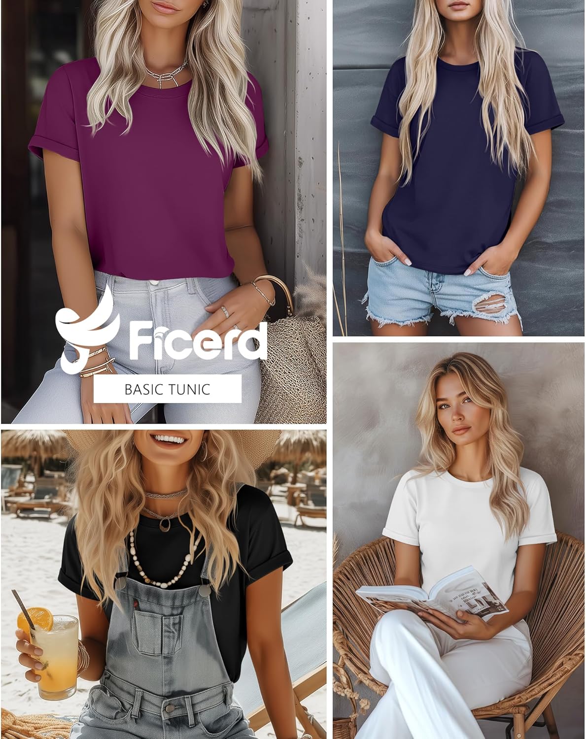 Ficerd 4 Pack Women's Cotton T Shirts Casual Short Sleeve Tunic Tops Crewneck Plain Summer Loose Fit Rolled Sleeve Basic Tee - Image 2