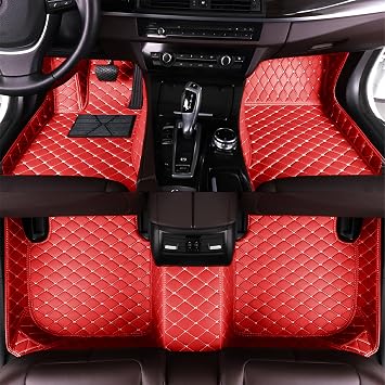 Car Floor Mats for Kia K5 2021-2023, Anti-Slip Leather Car Mat Set, Waterproof All Weather Mat Set & Leather Durable Carpet. Full Set/Red-Cream Color