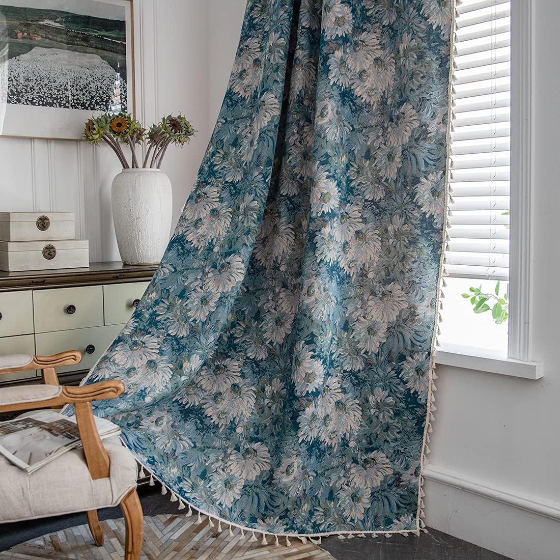 vctops Country Style Floral Jacquard Curtain Panels with Tassels Rod Pocket Room Darkening Thermal Insulated Window Drapes for Living Room Bedroom (Blue,59"x63")