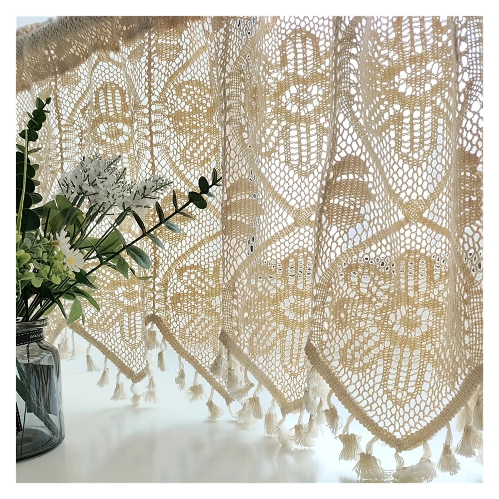 LNNXSZ Short Curtains Hollow Crochet Short Curtain For Small Window Rustic Floral Half Drape Cabinet Bottom Tassel Porch Blinds(W180xH38CM)