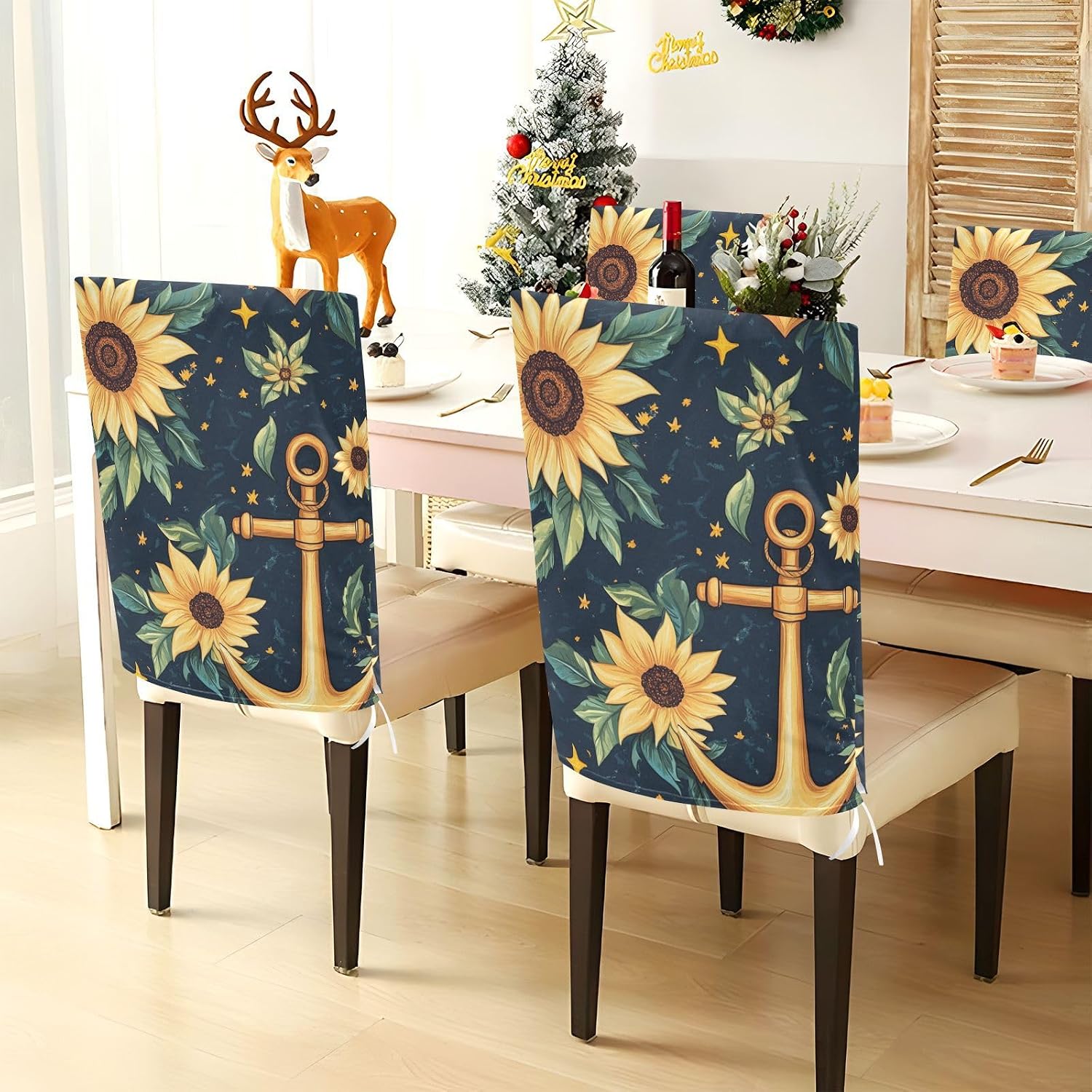 ALAZA Sunflowers Stars Anchor Chair Back Cover Set of 6, Washable Reusable Removable Chair Slipcovers Decorative Chair Cover for Home Kitchen Wedding Party