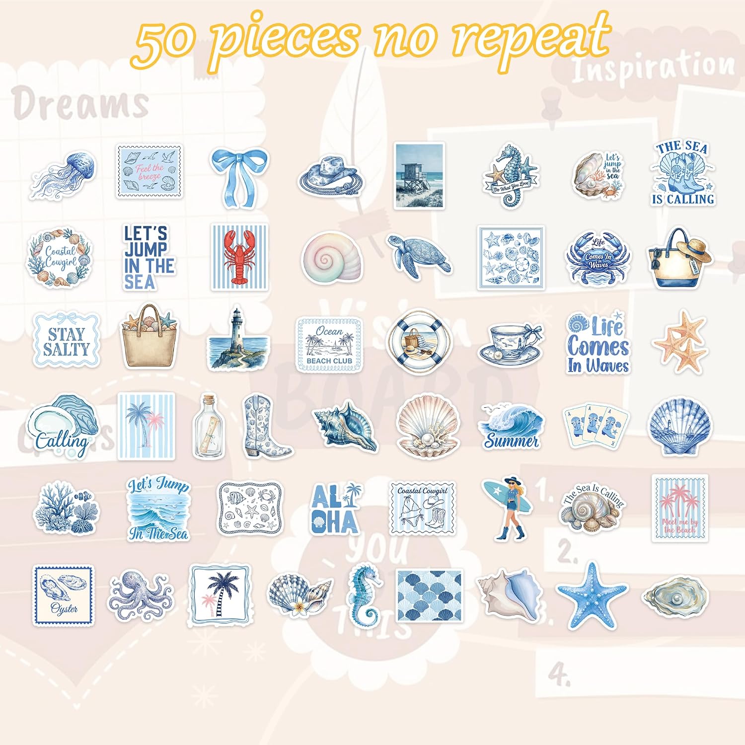 50 Pcs Blue Ocean Aesthetic Stickers, Sea Life Stickers