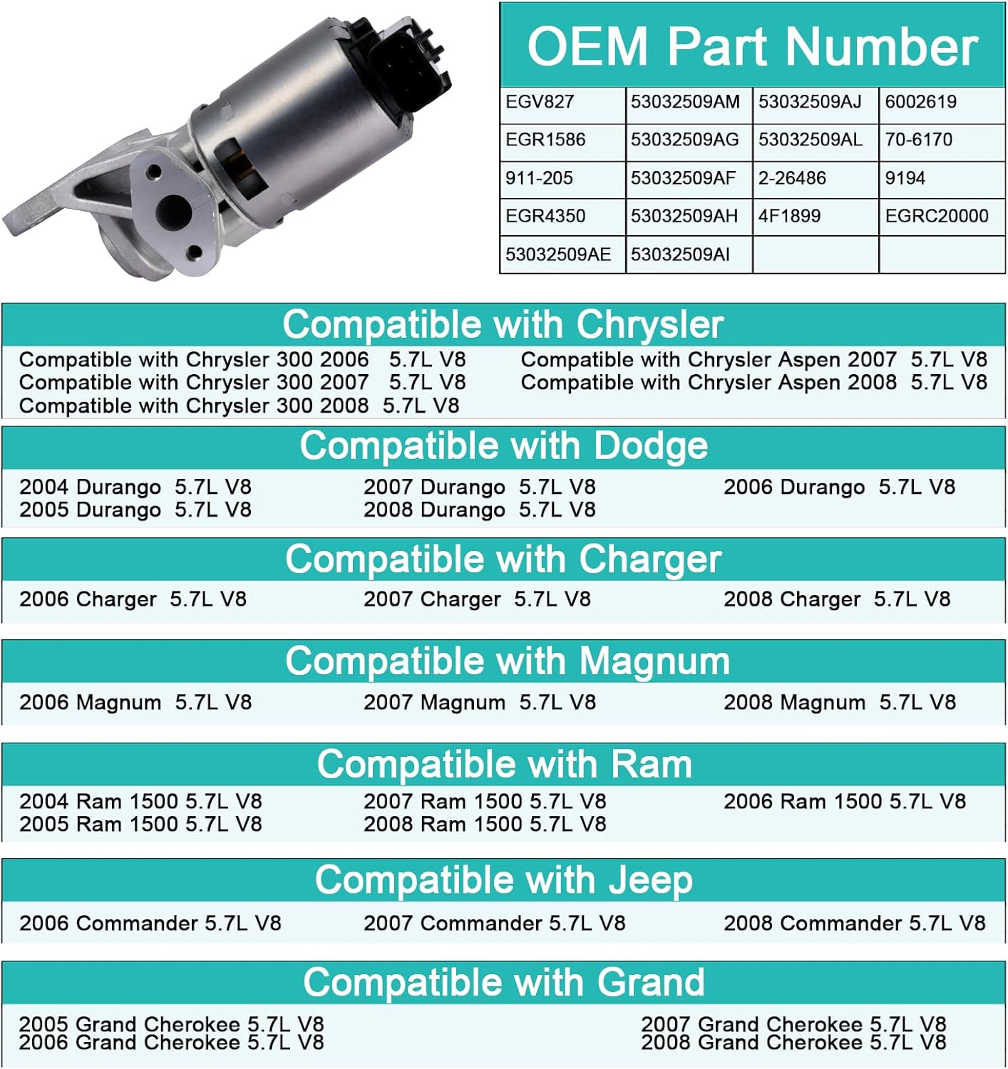 EGV827 EGR Valve (5.7L V8 Only) For Chrysler 300 2006-2010,Aspen 2007-2008,for Dodge Charger 2006-2010,Durango 2004-2008,Magnum 2006-2008,Ram 1500 2003-2008,Jeep Grand Cherokee 2005-2008