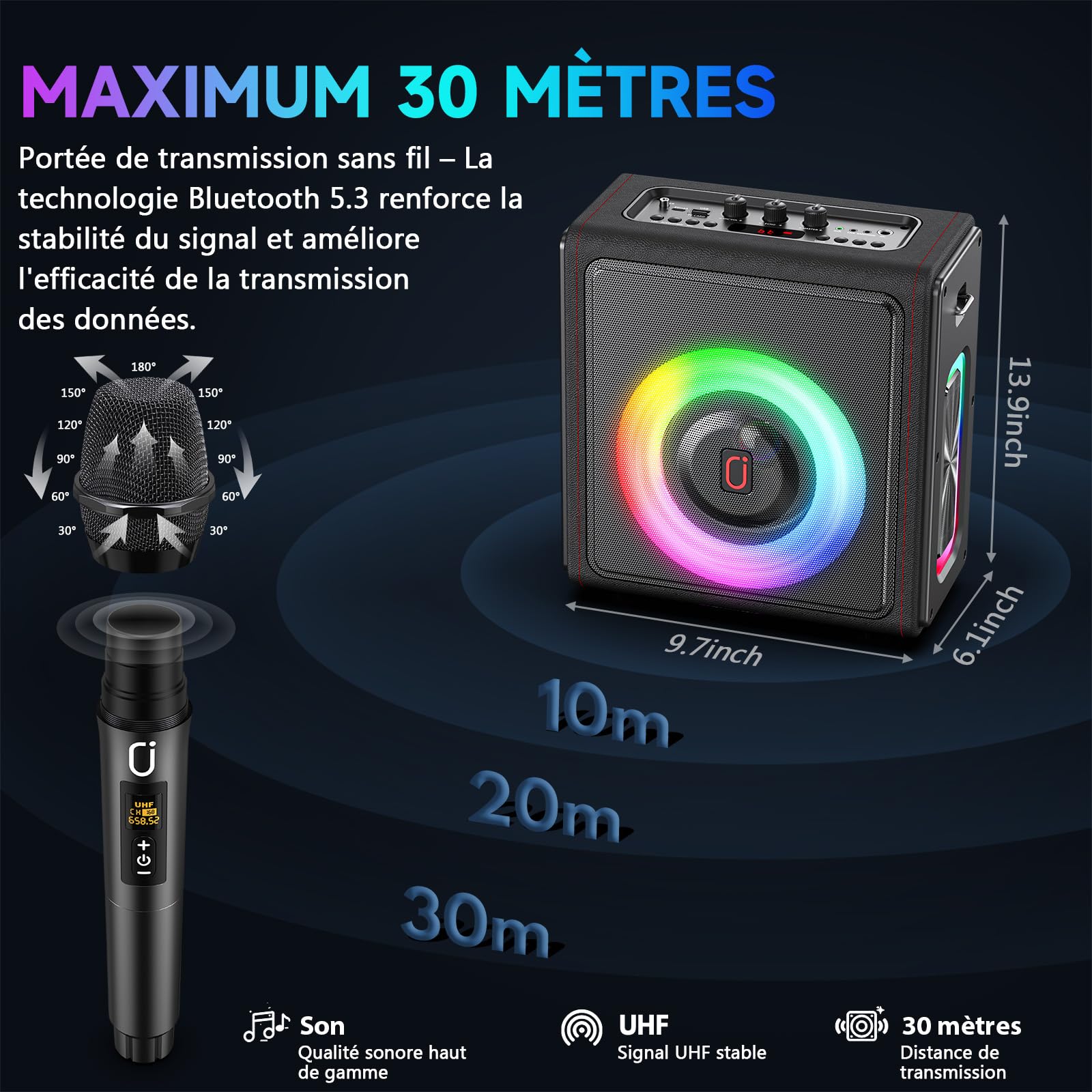 HWWR Karaoke Adultes, Enceinte karaoké Bluetooth 5.3 Portable avec 2 Micro sans Fil, 120W PA Système avec Correction de Tonalité & Réglage d'Écho, Compatible TWS/Carte TF/USB/AUX/Live/REC