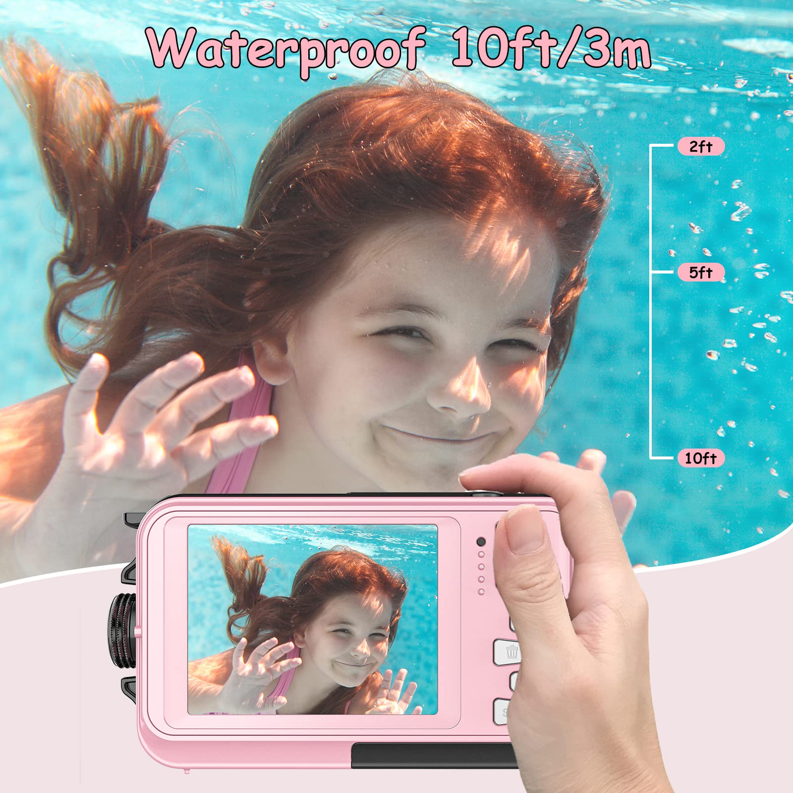 Cámara Digital Camara Acuática 10FT 1080P Full HD 30MP Acuatica Niños Zoom 16X Sumergible (Pink)