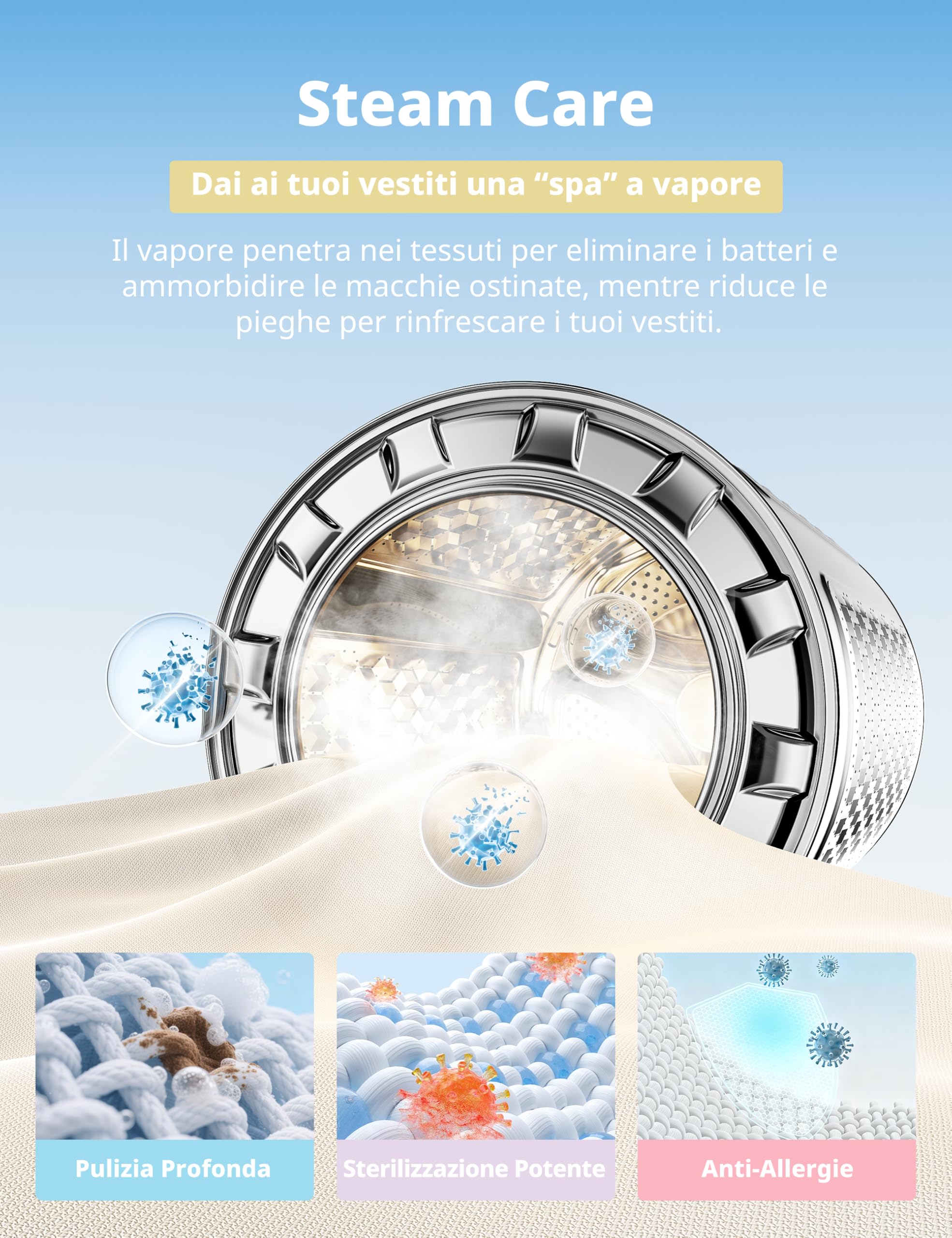 COMFEE' Lavatrice Carica Frontale 8 kg, Classe A-10%, 1400 Giri, Vapore Igienico, Motore Inverter Silenzioso, Lavaggio Rapido, Pannello touch, Wool, Bianco - CFP03EW80W-IT