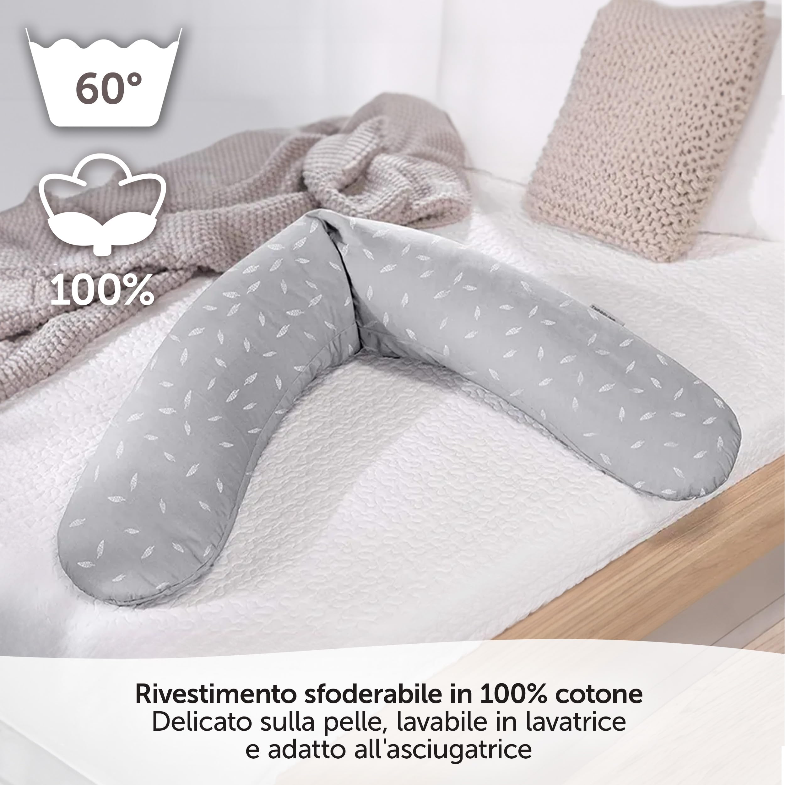 Theraline Cuscino Allattamento e Gravidanza 190 cm - Imbottitura Microperle EPS, Federa Cotone 100% | Lavabile, senza Sostanze Nocive - Bianco Grigio