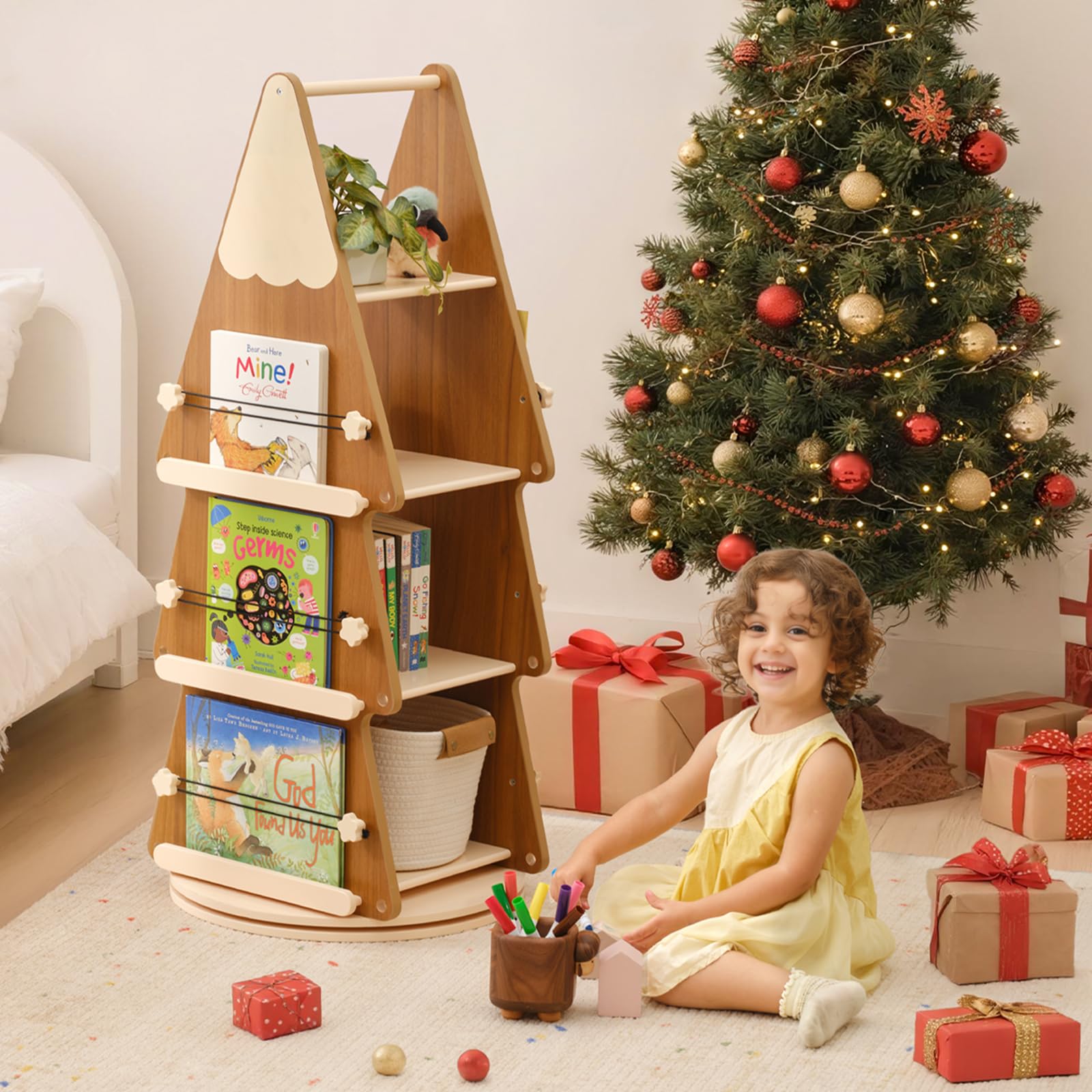 OOOK Bibliotheque Rotative Enfant, Bibliotheque Tournante à 4 Niveaux, Étagère Livre Enfant Bois Massif à 360°, étagère à Livres pour Chambres d'enfant, salles de Classe, Chambres de bébé