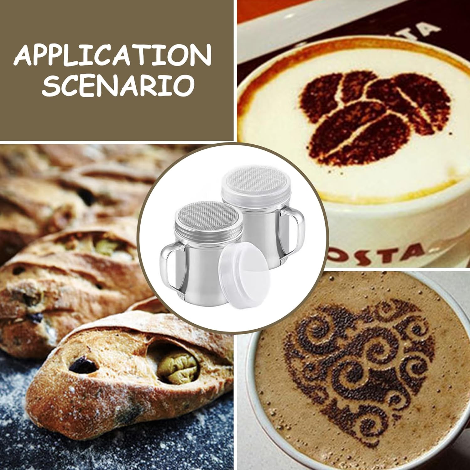 2Pcs Powdered Sugar Shaker Duster Stainless Steel Fine Mesh Sugar Shaker with Handle and Lid for Baking Cinnamon Cocoa Coffee Flour Kitchen Use