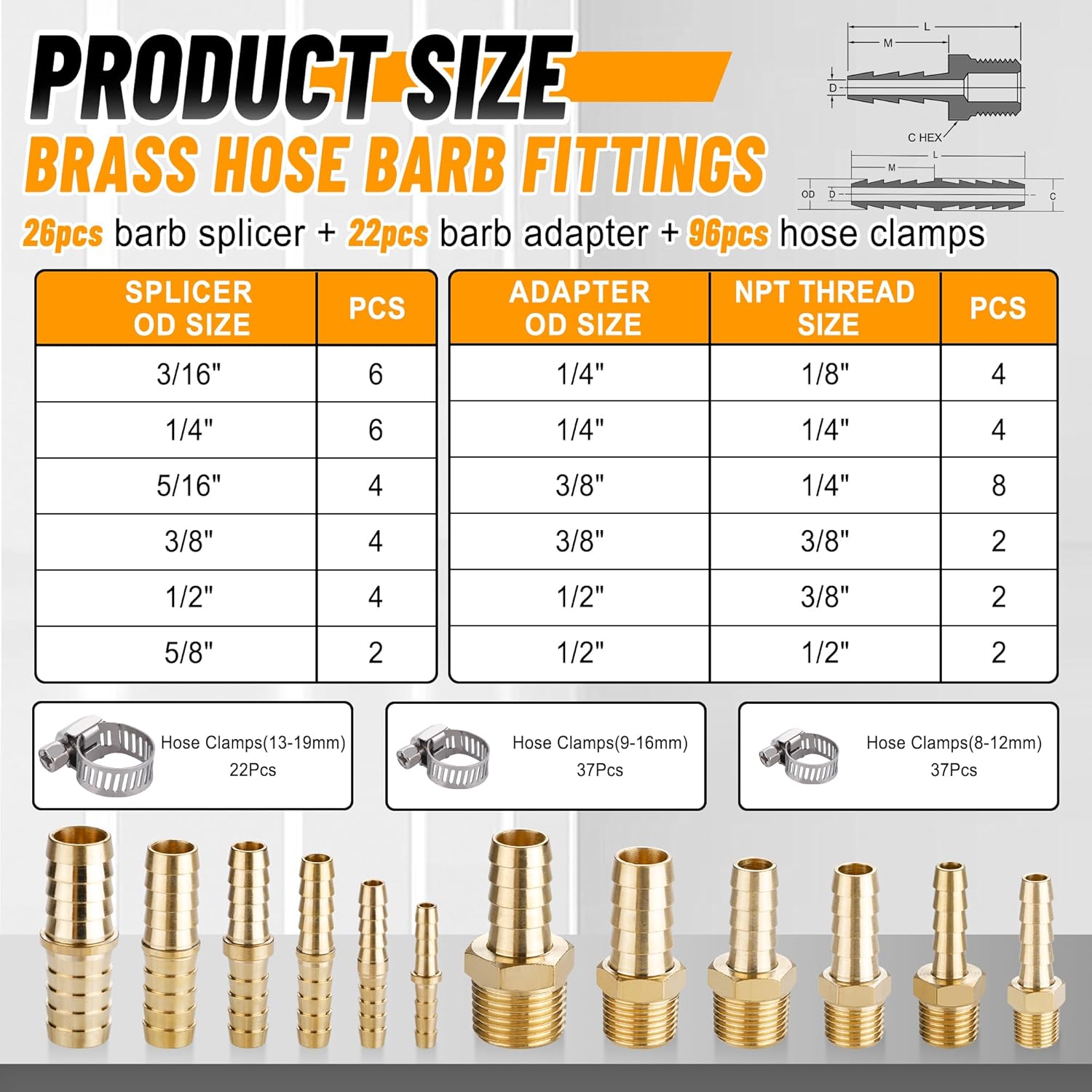 48PCS Brass Hose Barb Fittings,Barb Splicer Mender 3/16" 1/4" 5/16" 3/8" 1/2" 5/8" and Male Thread Adapter 3/8" Barbed to 1/4" NPT, 1/4" Barbed to 1/4" NPT Male with 96Pcs Pipe Hose Clamps