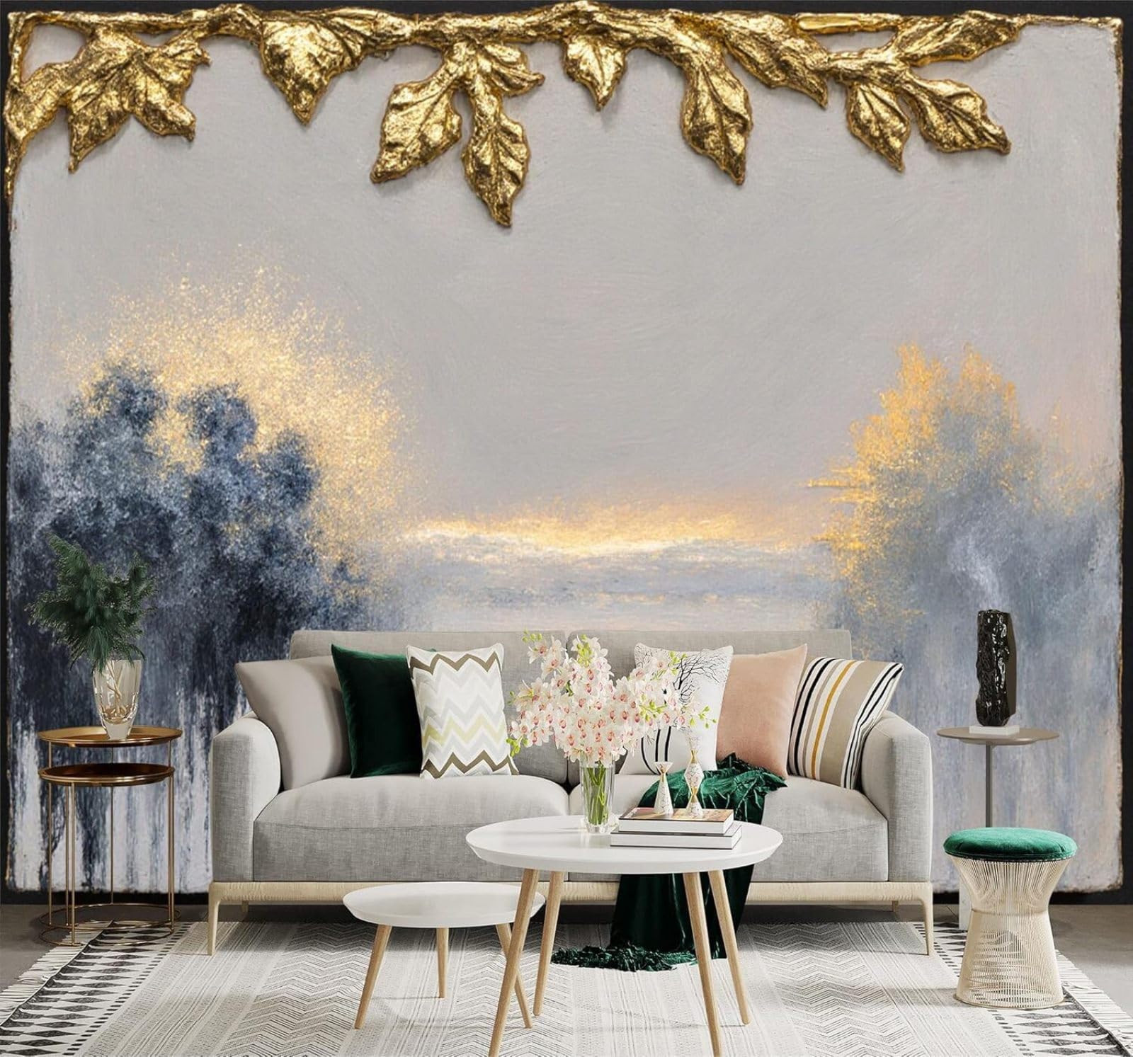 XLMING Abstract Forest Gold Leaves Misty Landscape 3D Wallpaper Silky Texture Home Study Office Grey Dining Room Sofa Bedroom Living Room TV Backdrop-400cm×280cm