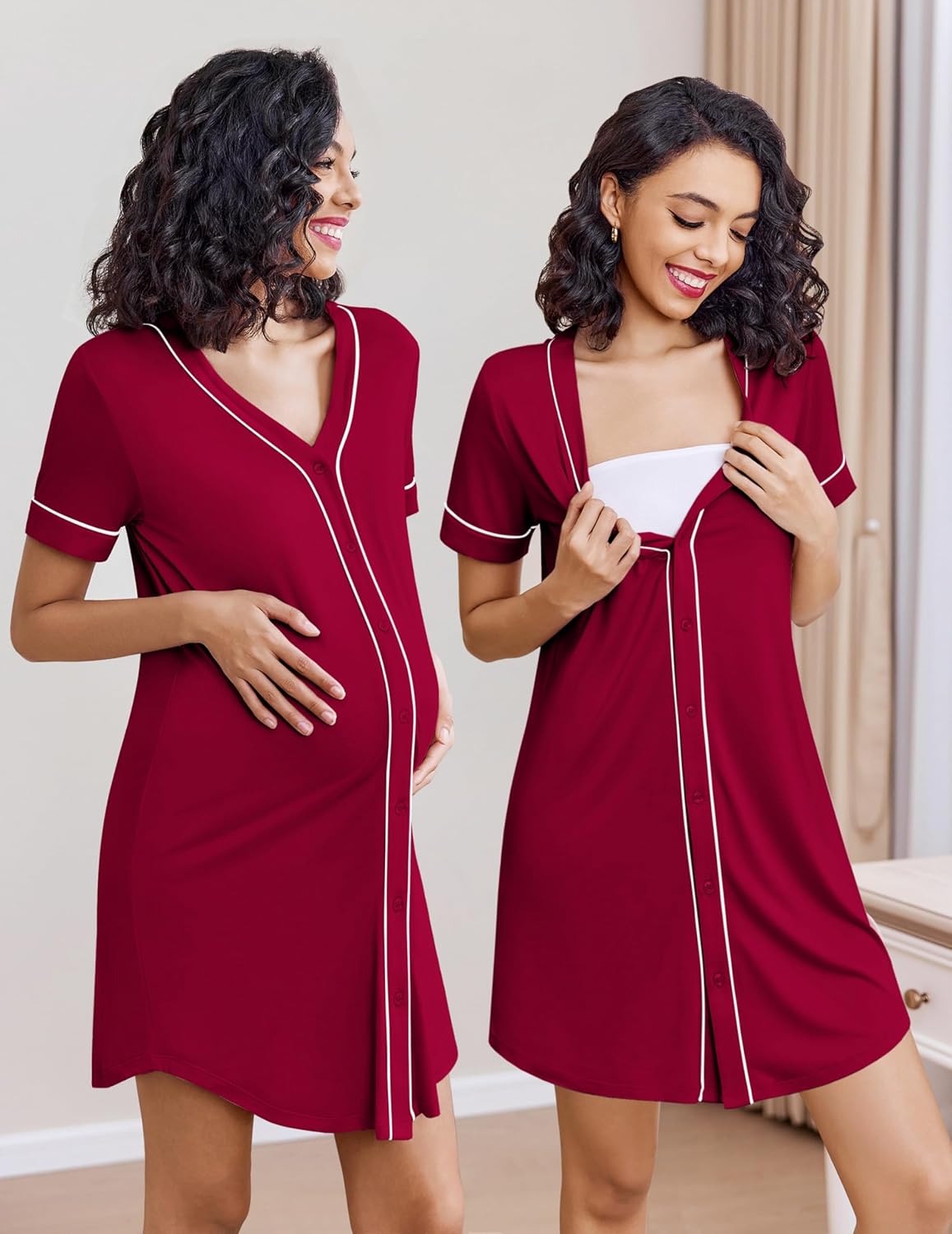 Ekouaer Nightgowns for Women 2 Pack Button Down Sleep Shirts Short Sleeve Night Shirts V Neck Sleepwear Soft Pajama Dress - Image 5