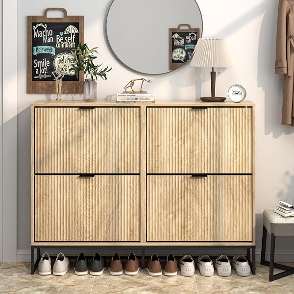 Jluomei Shoe Cabinet Storage for Entryway Slim Modern Shoe Rack Cabinet with 4 Flip Drawers Tipping Wooden Narrow Shoe C