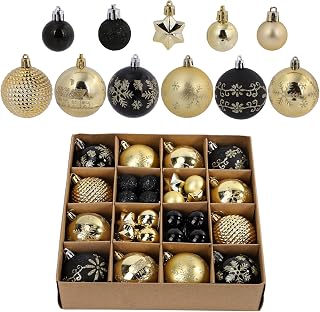 44Pcs Black Gold Christmas Ornaments Set: 12 Large & 32 Mini Plastic Hanging Ornaments for Christmas Trees, Wreaths, Parties