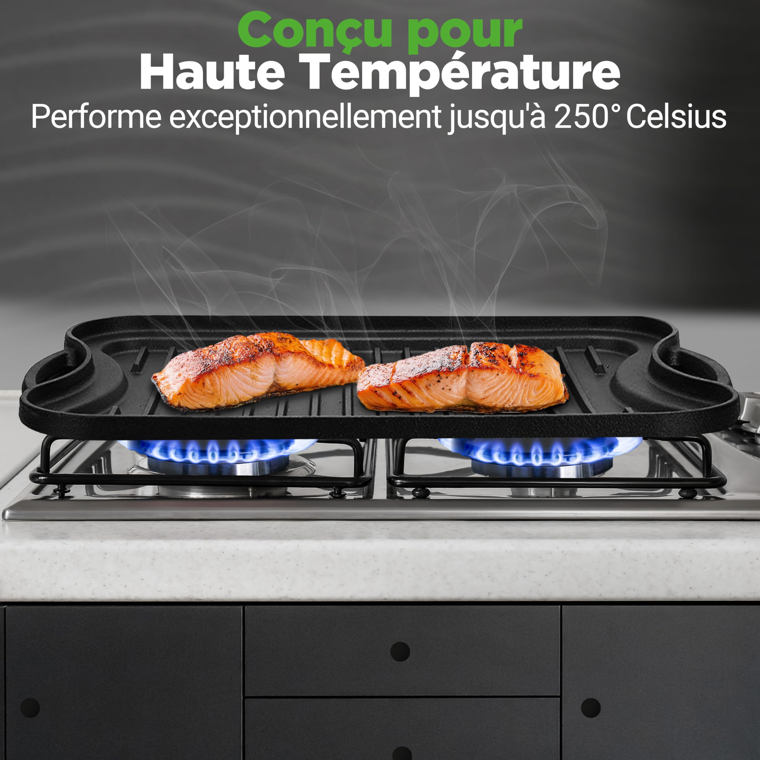 Nutrichef Plaque à Griller Réversible en Fonte-Plancha-Plancha pour Induction-Côtés Plat et Strié-Extra Large-Compatible Four -Sans PFOA et PFOS- Compatible avec Plusieurs Types de Plaques de Cuisson
