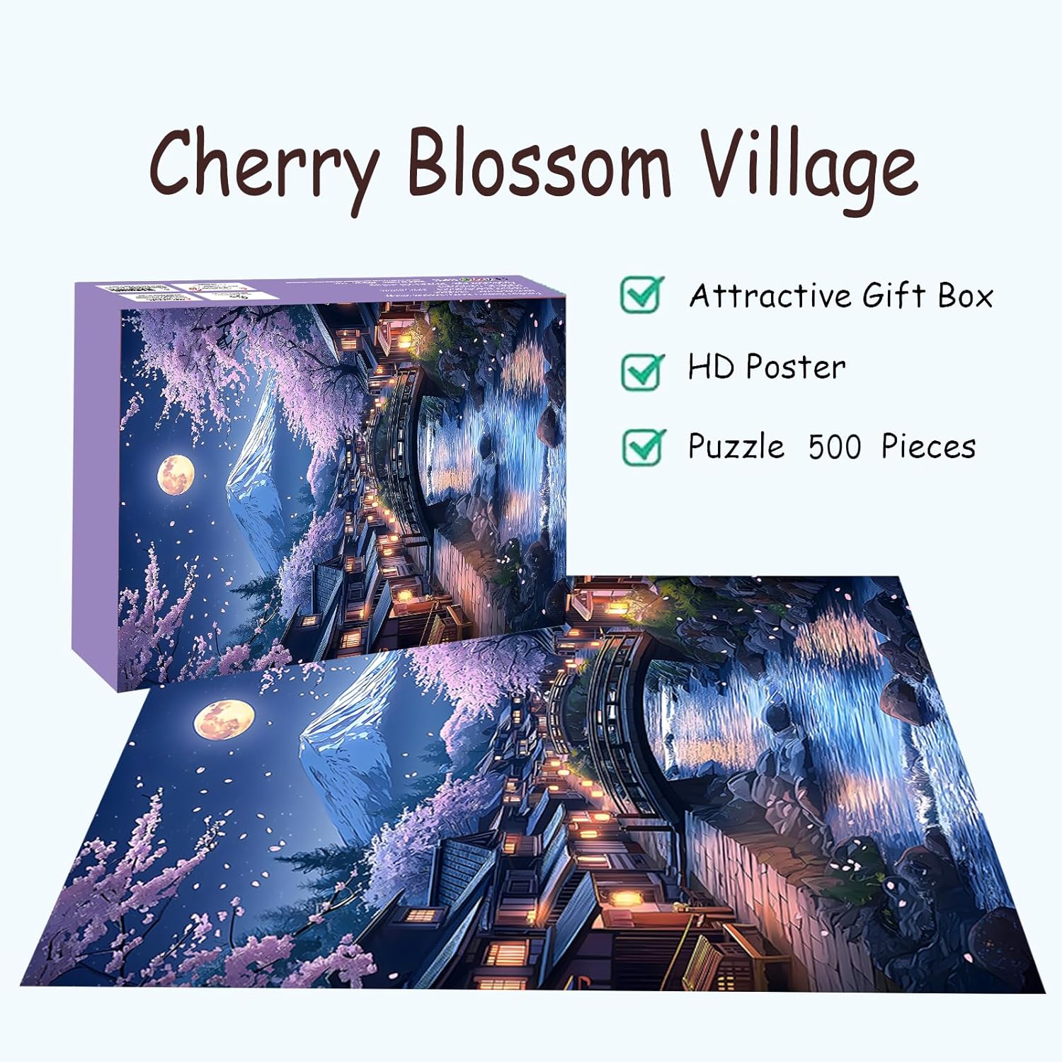 Puzzles for Adults 500 Pieces, Cherry Blossom Jigsaw Puzzles - Cherry Blossom Village, Impossible Unique Puzzle for Seniors Family, 20.47 x 14.96 inches, 1:1 Poster, Letter on The Back
