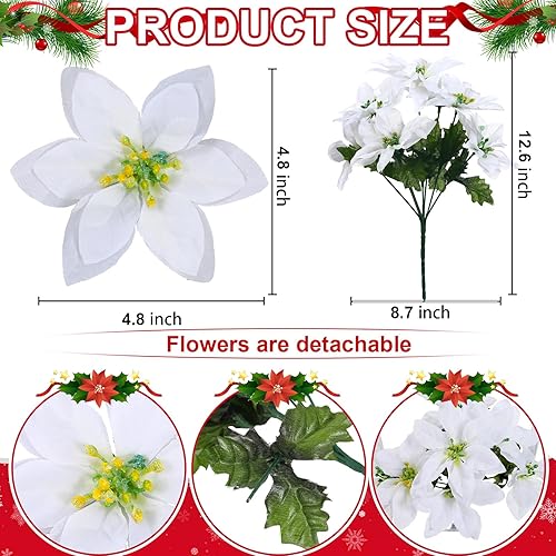 Miniatura 3 de meekoo 48 flores de Pascua artificiales de Navidad, 7 cabezas, flores falsas con tallo de nochebuena, adornos para árbol de Navidad para el hogar,