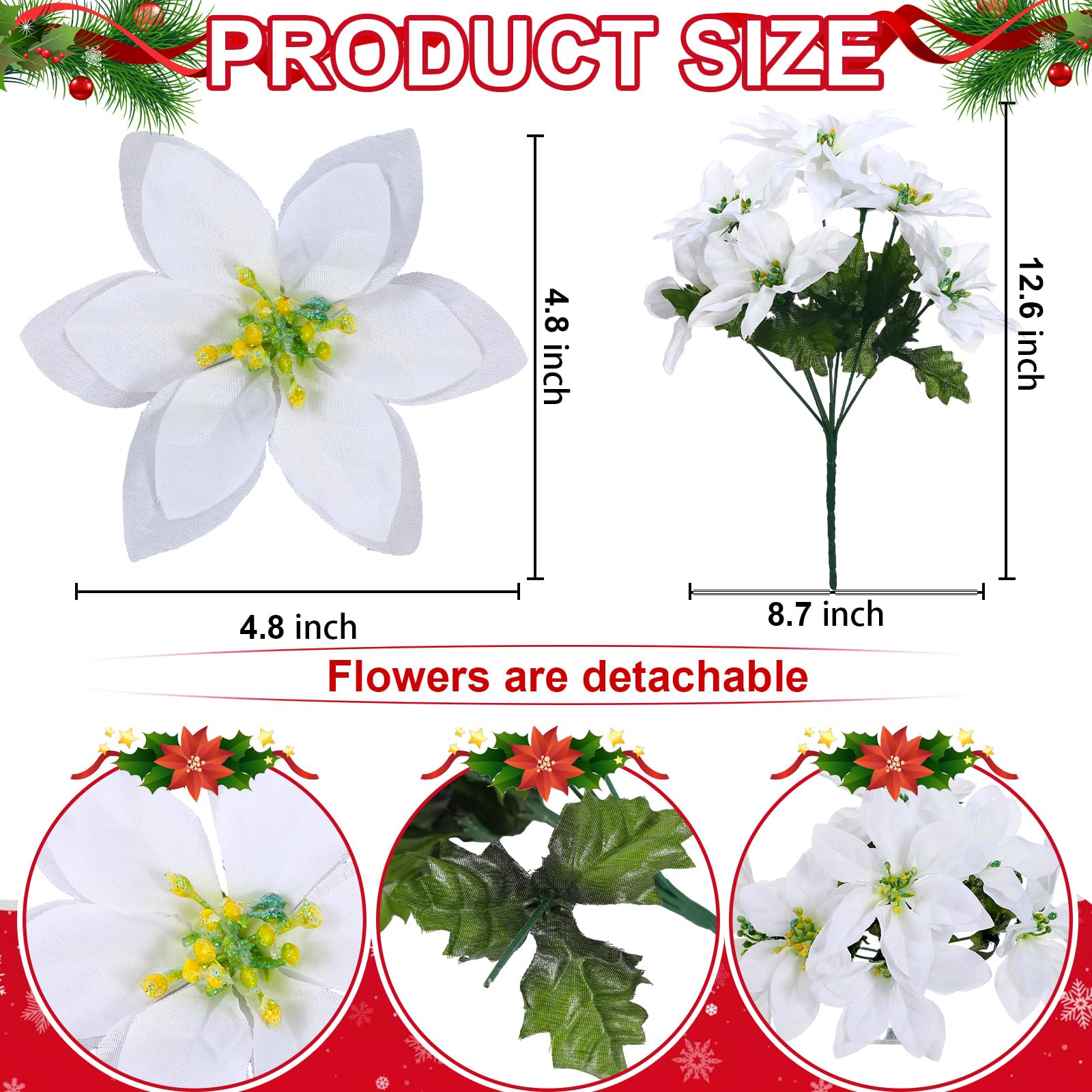 meekoo Lot de 48 poinsettia artificielles à 7 têtes avec tige pour décoration de maison, mariage, table, cour, cimetière (rouge, blanc)