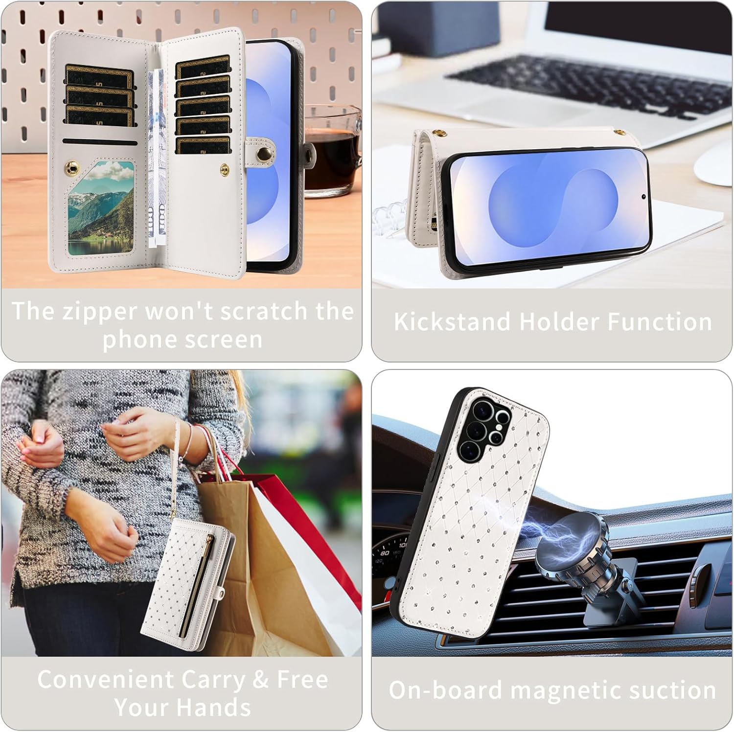 Phone Case for Samsung Galaxy S26 Ultra 5G Zipper Wallet Detachable Cell Cover with Screen Protector Crossbody Strap Bling Flip Credit Card Holder S26Ultra 26S S 26 26Ultra 6.9 2026 Women White