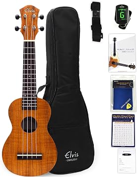 Elvis ELVIS Hawaiian Koa Wood HPL Soprano Ukulele K100S with Beautiful Grain Good Tone Easy to Play Ukulele Includes Domestic , Tuner, Instruction Book, Chord Chart, Pick, Strap