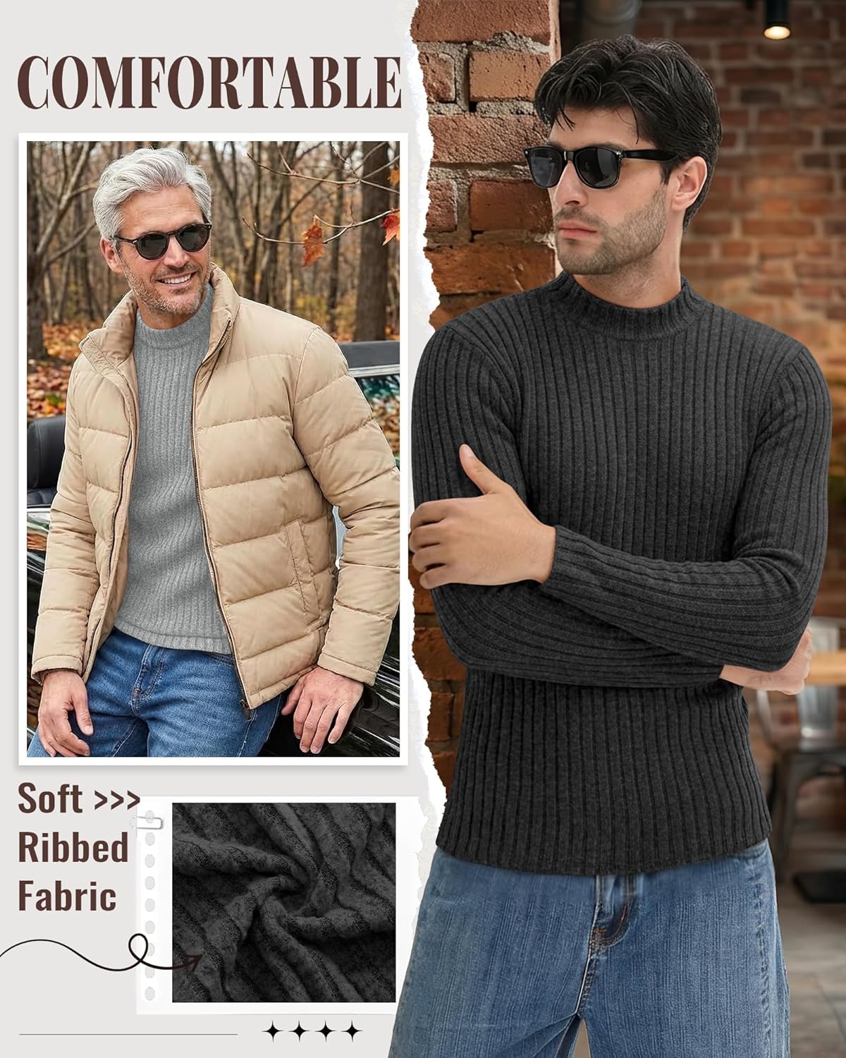 3 Pack Men's Mock Turtleneck Sweaters Long Sleeve Ribbed Knit Shirts Slim Fit Casual Pullover Lightweight Layer - Image 3