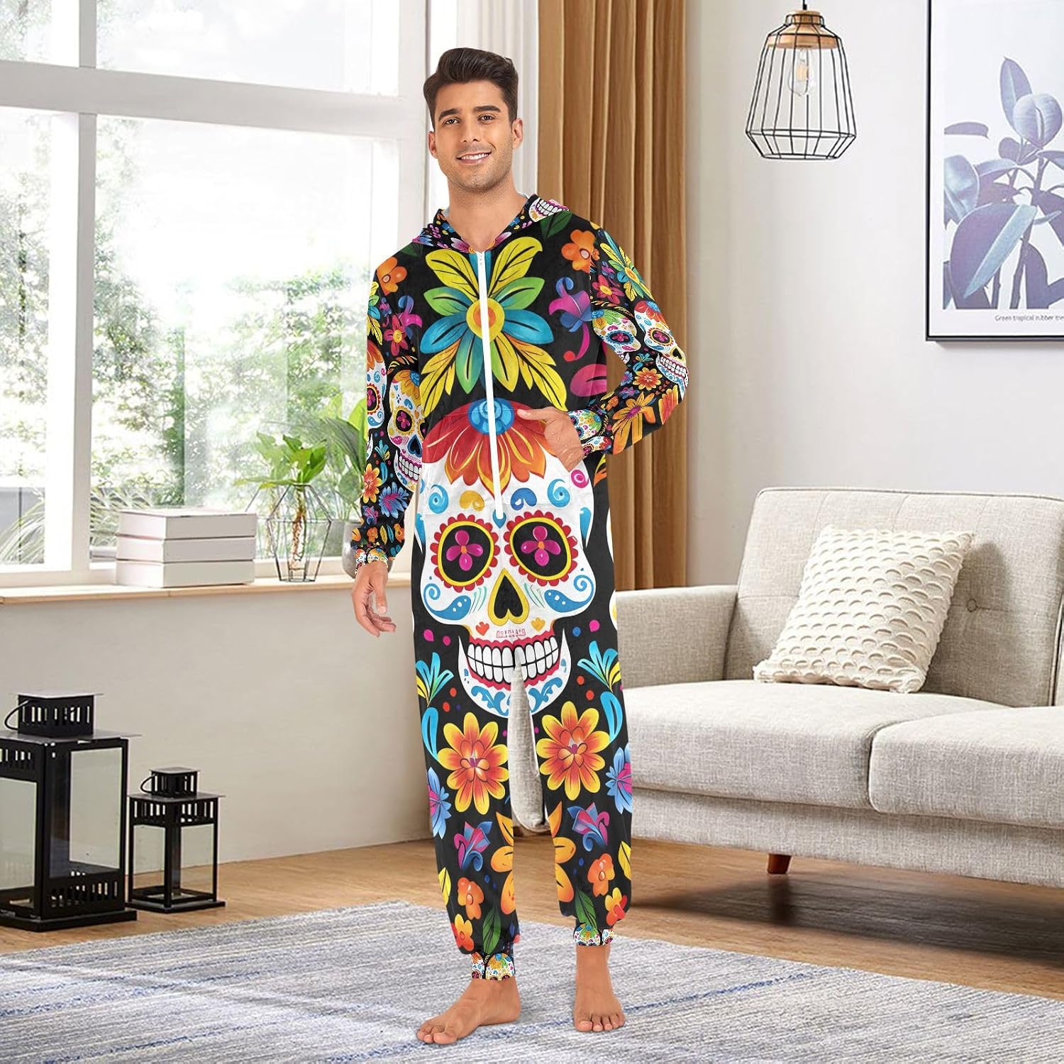 ALAZA Skull Flower Mexico Skeleton Adult Onesie Pajamas for Unisex Novelty One Piece Costume Sleepwear