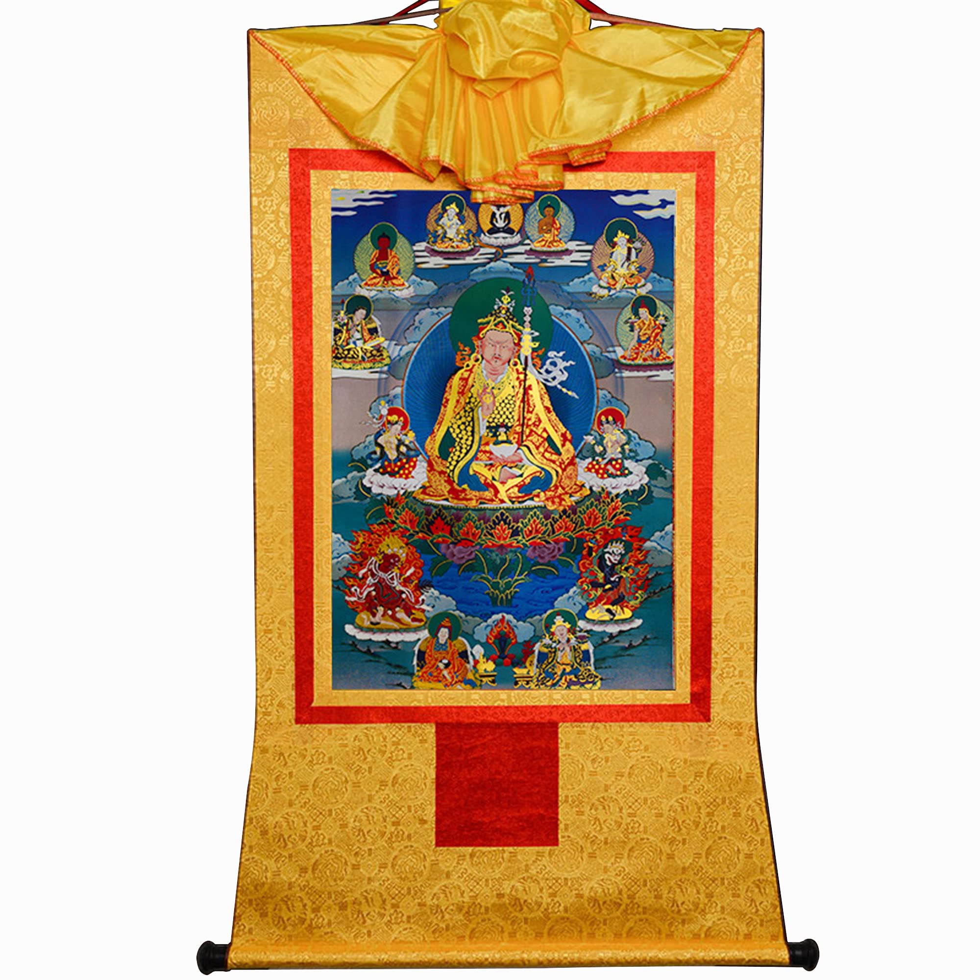 Gandhanra Tibetan Buddhist Thangka Wall Hanging,Guru Rinpoch Thangka,Padmasambhava,Hot Stamped Brocade Buddhist Tapestry for Zen Home Decor, Meditation, Spiritual Relaxation
