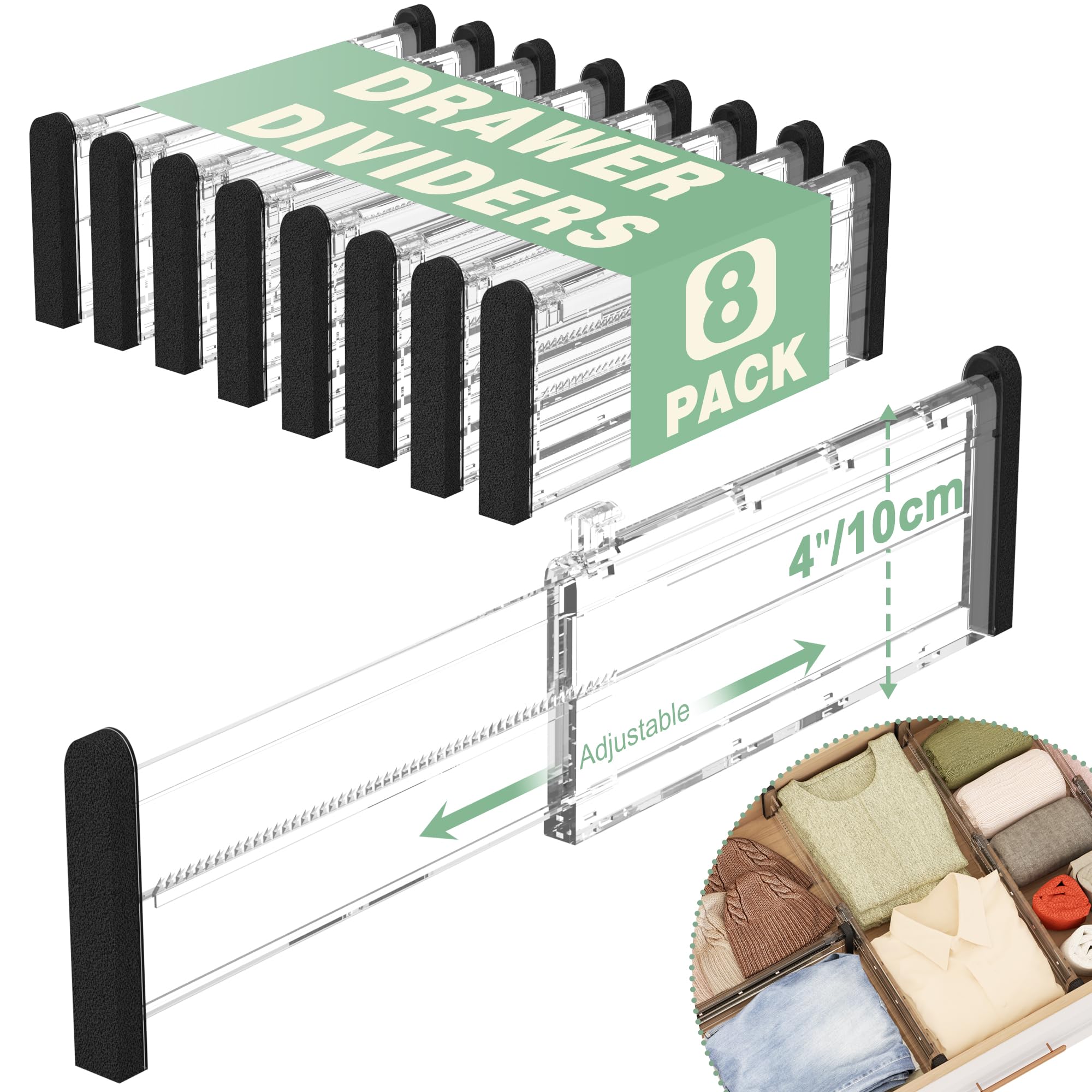 FUNIZE Adjustable Drawer Dividers, 4'' High Expandable Drawer Organizers for Clothes, 12 Pack 12.6-22.8'' Drawer Separators for Kitchen/Bedroom/Office/Bathroom Organization and Storage