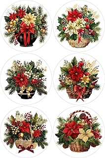 12 Poinsettia Baskets Christmas Selection - Card Making Toppers Self Adhesive Circles - Glossy Finish Medium 88mm (3.5 inches) Diameter - Pack of 12 (Two Sheets of 6) - Crafts Labels