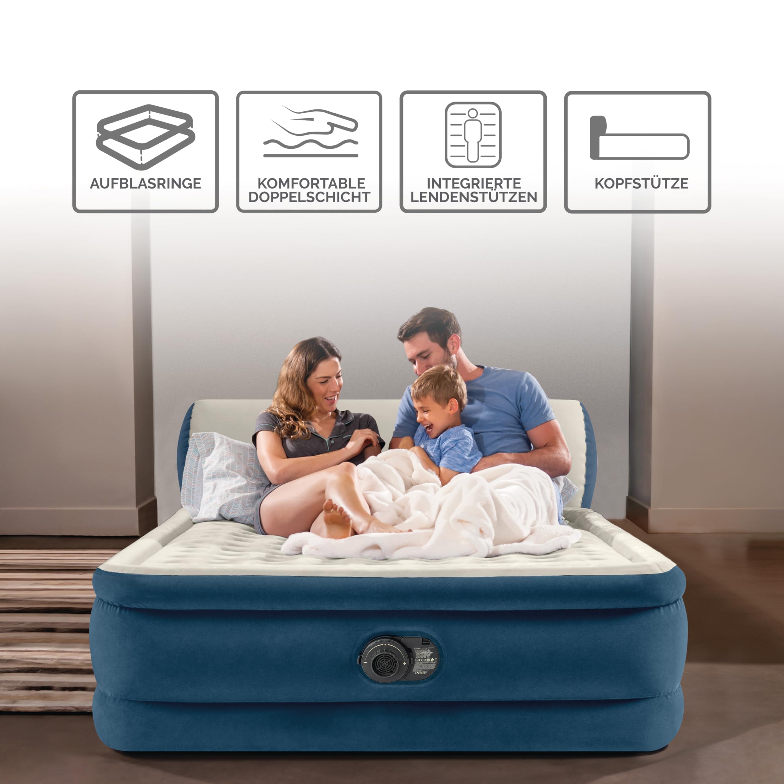 Intex Silky Bed Aufblasbare Matratze für Doppelbett mit Kopfteil, 229 x 152 x 79 cm, Original-TV gesehen, mit eingebauter elektrischer Pumpe